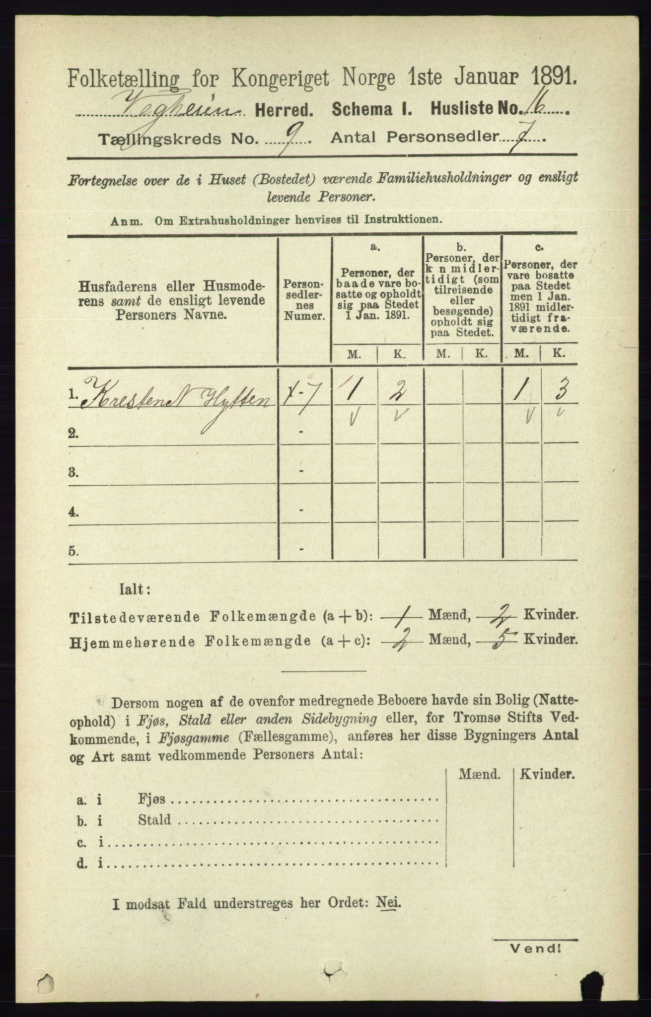 RA, 1891 census for 0912 Vegårshei, 1891, p. 1727