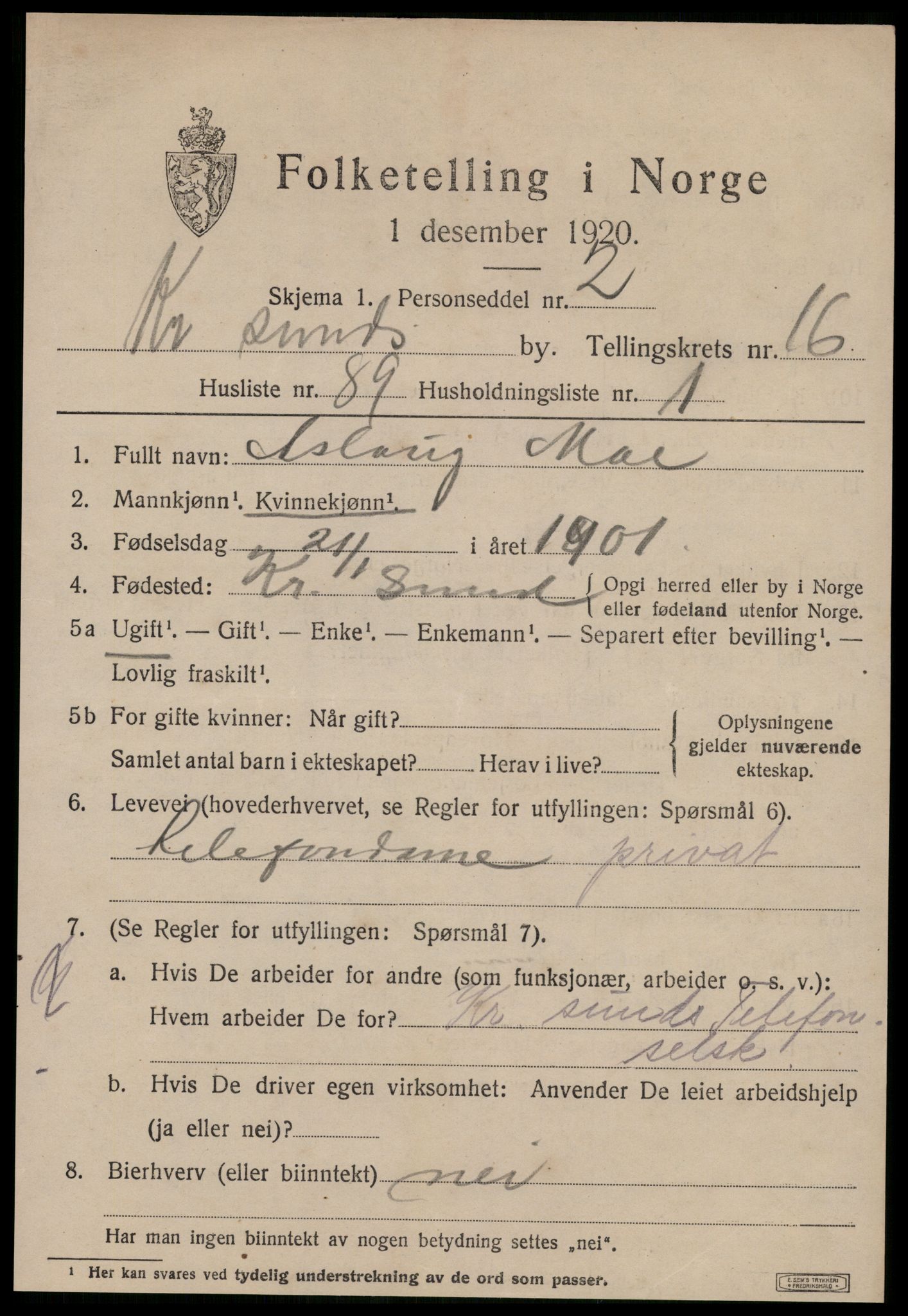 SAT, 1920 census for Kristiansund, 1920, p. 35883