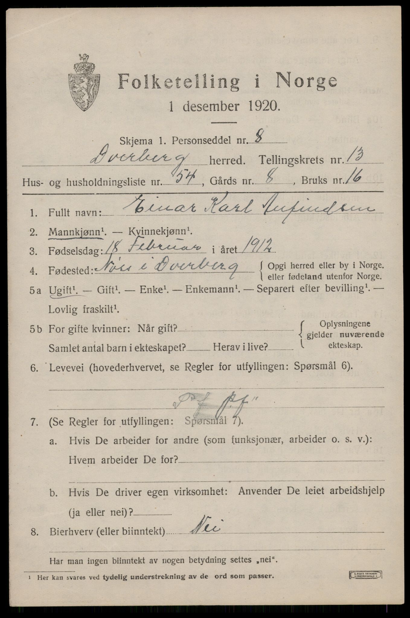 SAT, 1920 census for Dverberg, 1920, p. 10570