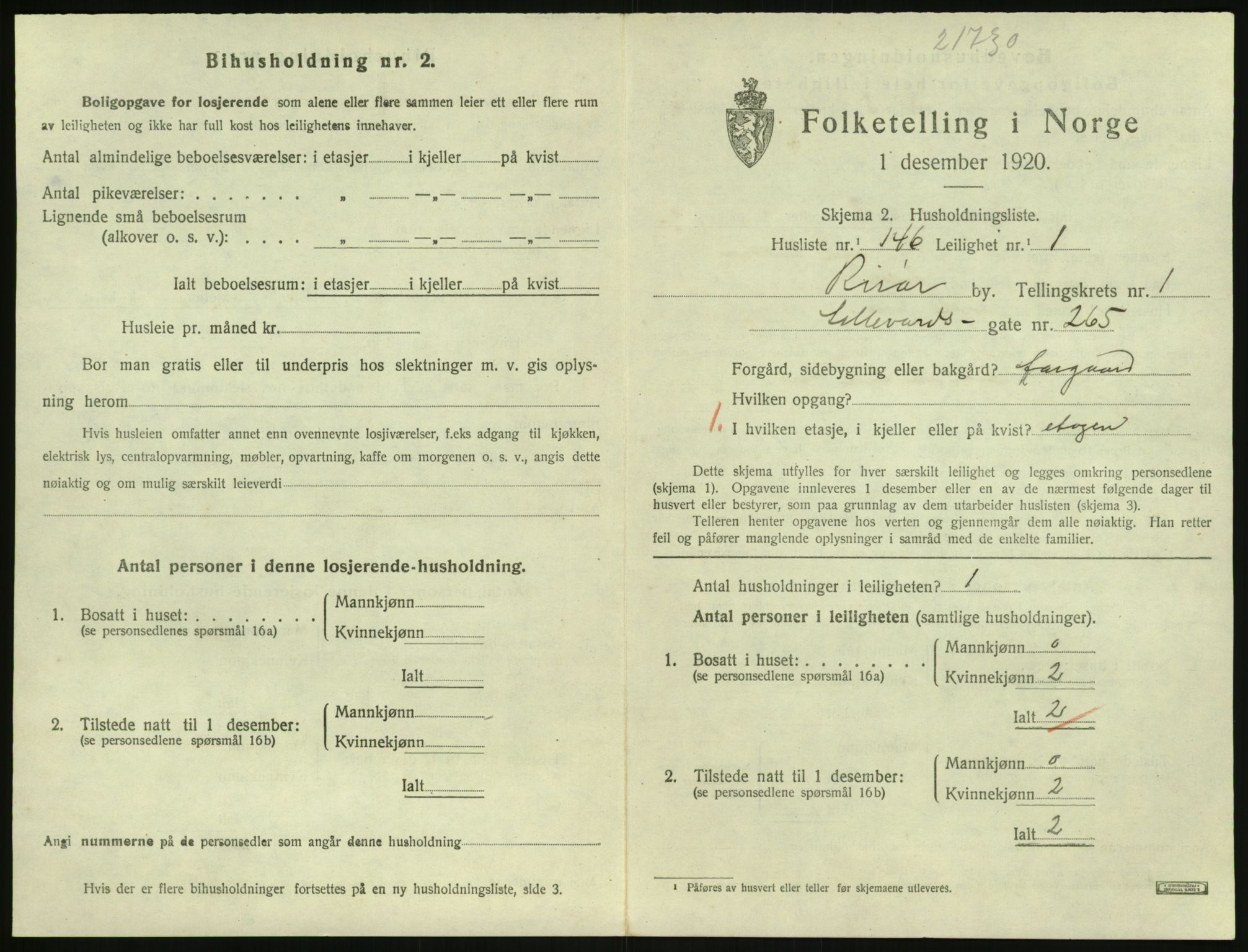 SAK, 1920 census for Risør, 1920, p. 1703