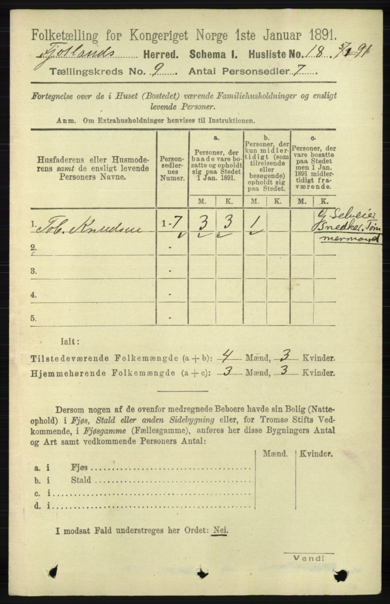 RA, 1891 census for 1036 Fjotland, 1891, p. 1299