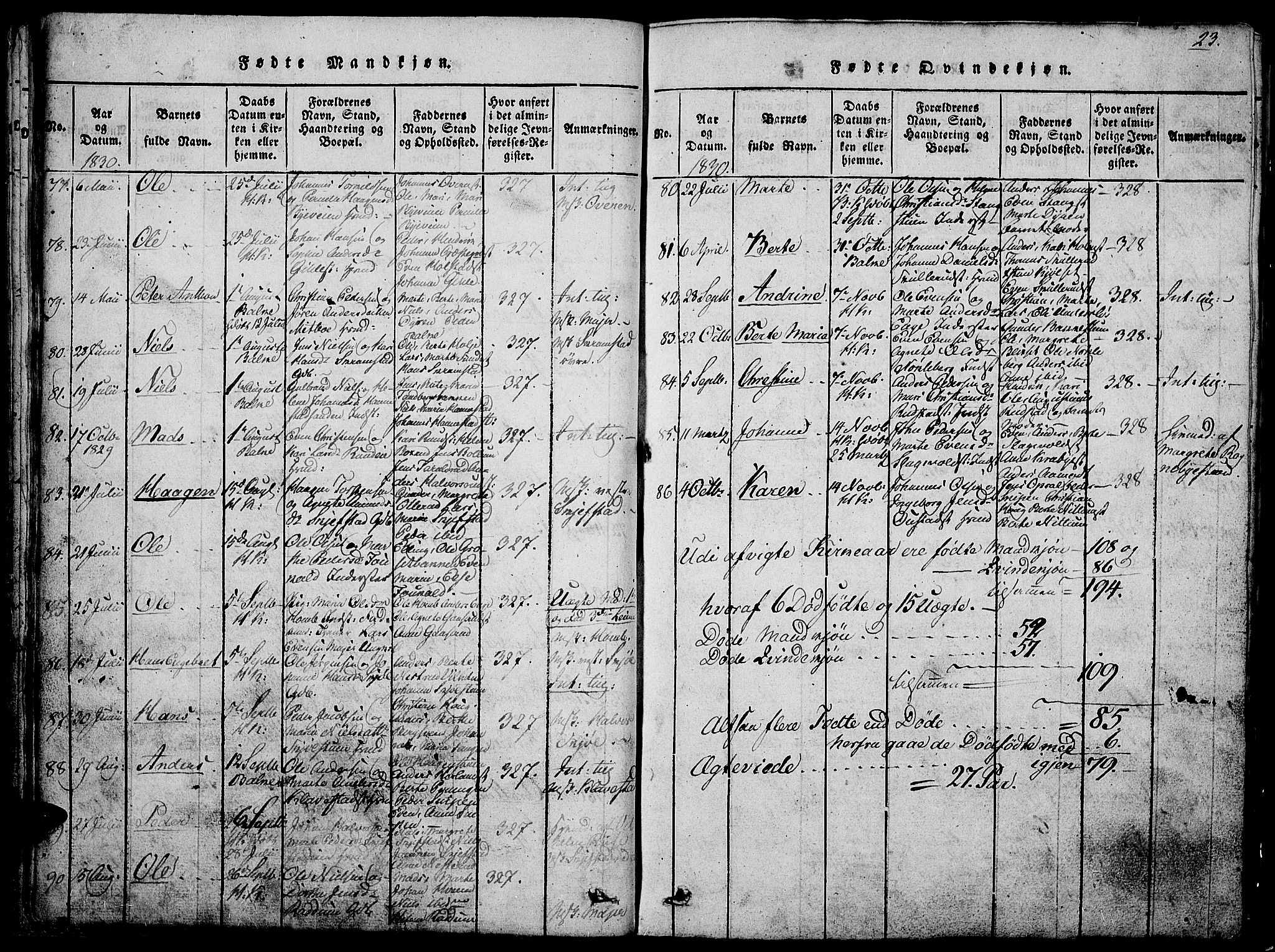 Østre Toten prestekontor, SAH/PREST-104/H/Ha/Hab/L0001: Parish register (copy) no. 1, 1827-1839, p. 23