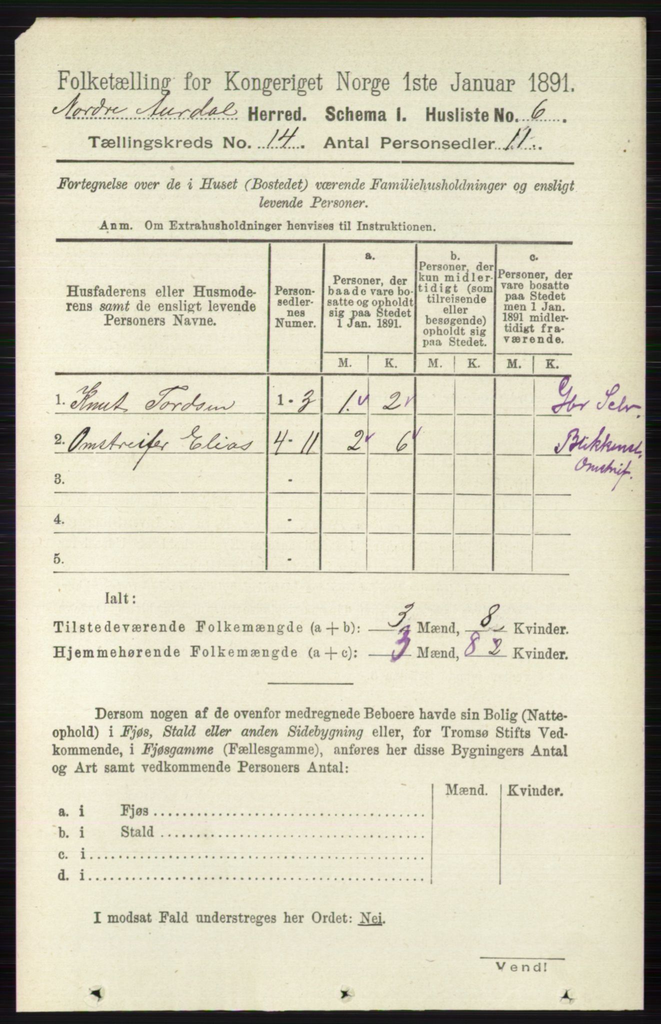 RA, 1891 census for 0542 Nord-Aurdal, 1891, p. 5142