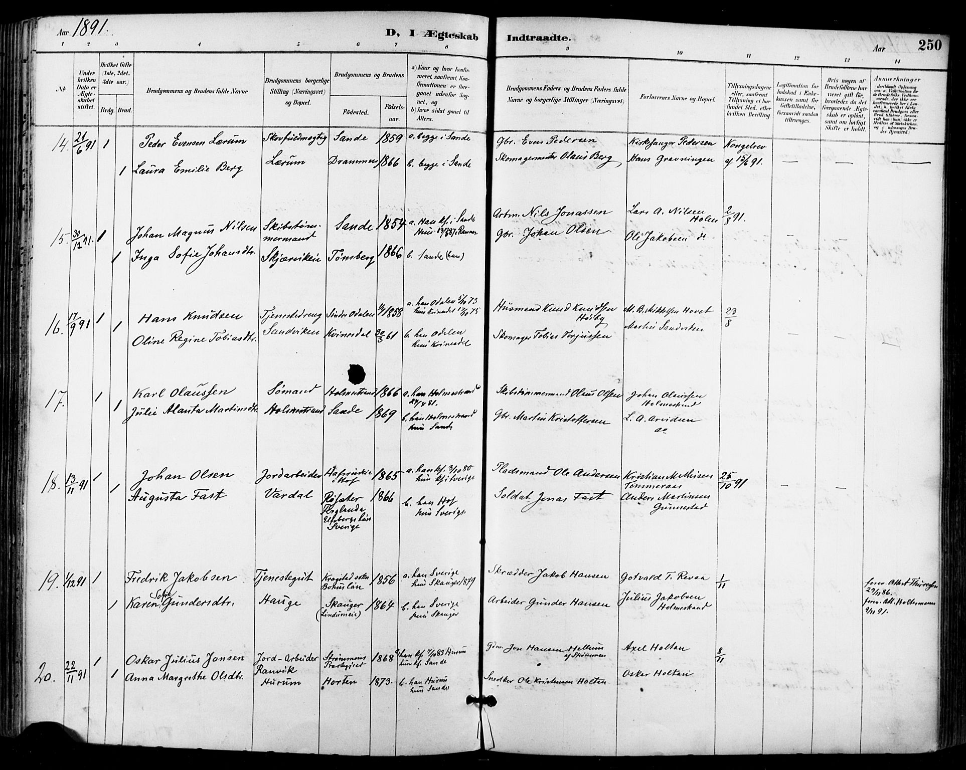 Sande Kirkebøker, AV/SAKO-A-53/F/Fa/L0007: Parish register (official) no. 7, 1888-1903, p. 250