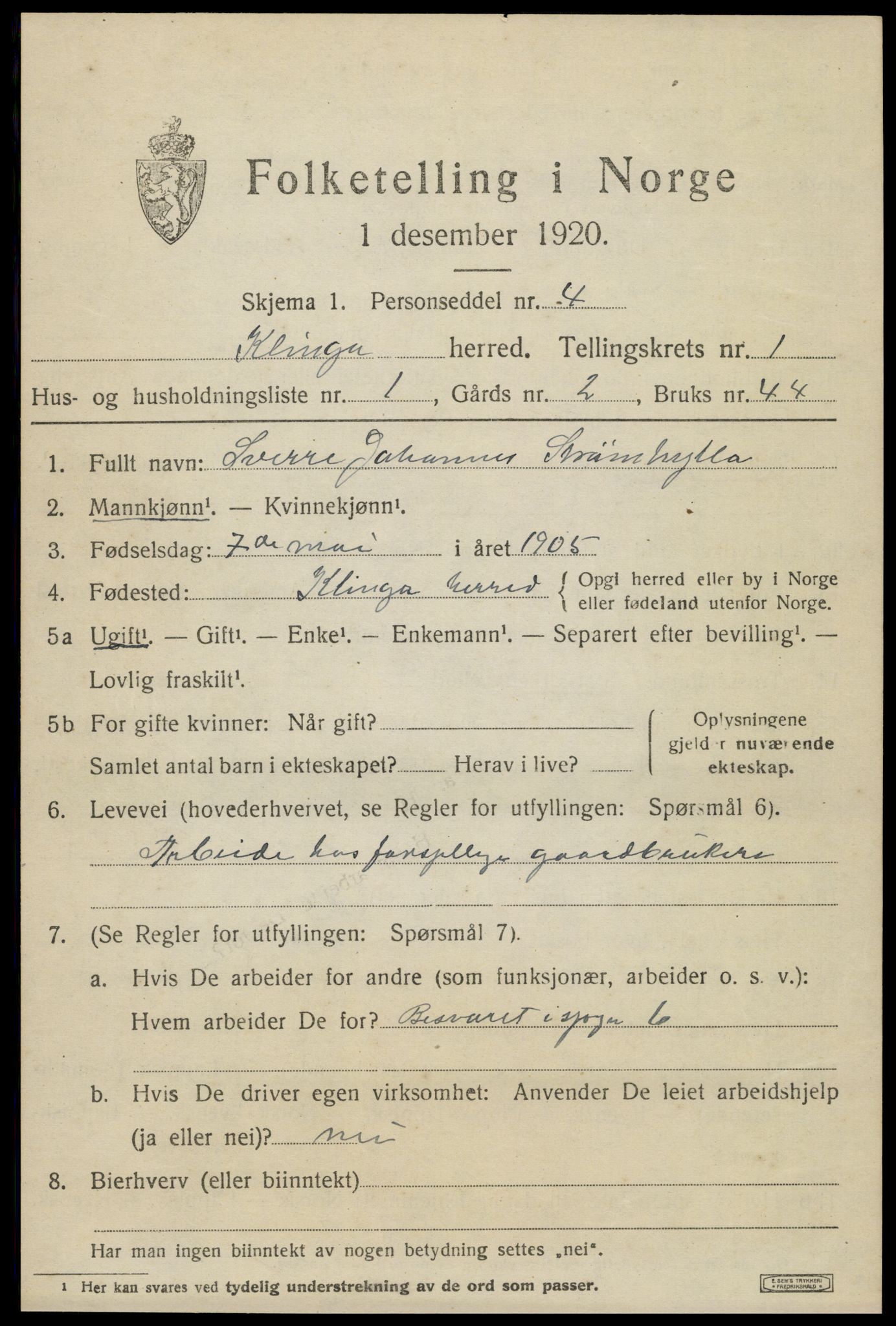 SAT, 1920 census for Klinga, 1920, p. 705