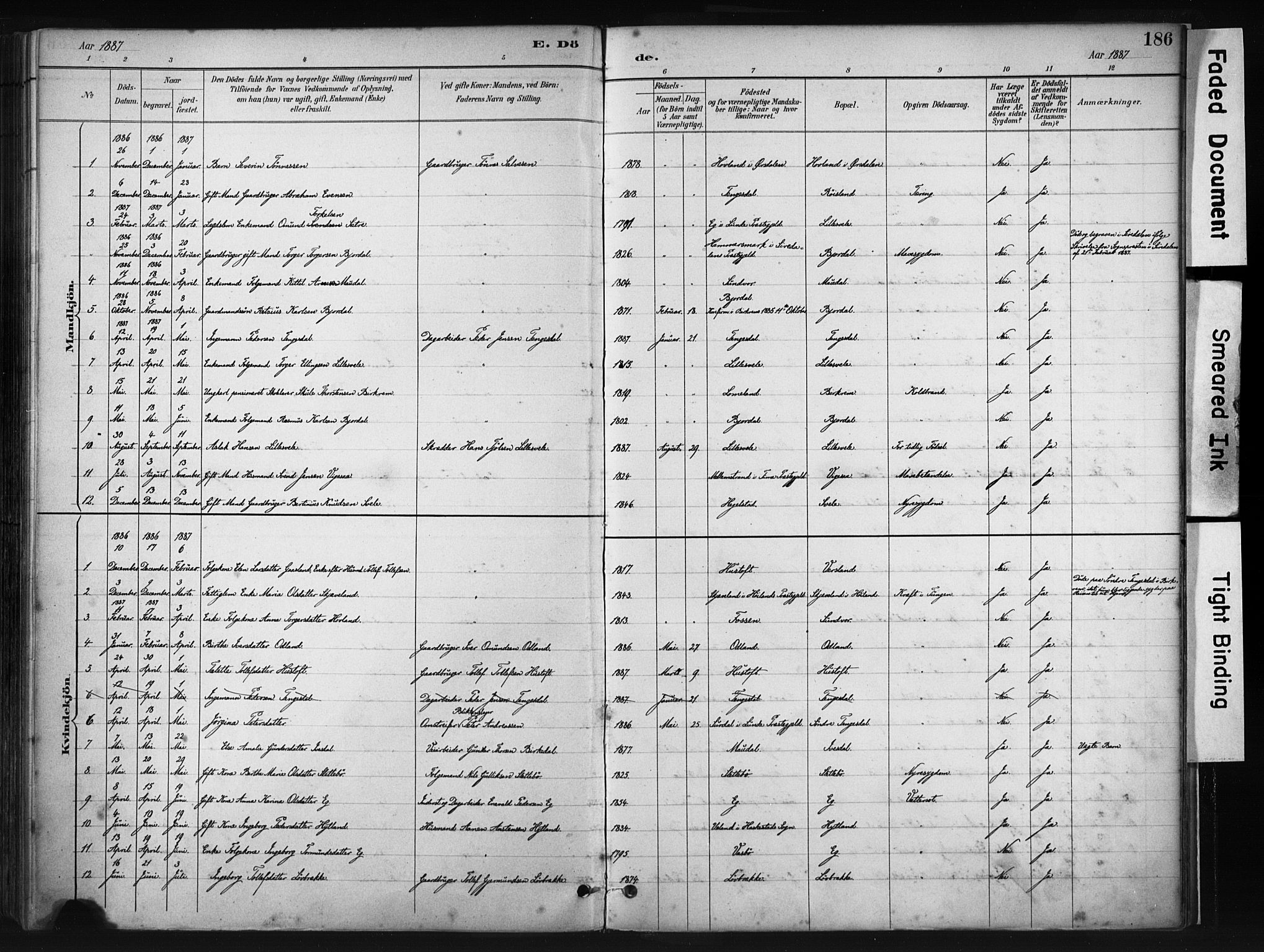 Helleland sokneprestkontor, AV/SAST-A-101810: Parish register (official) no. A 9, 1887-1908, p. 186