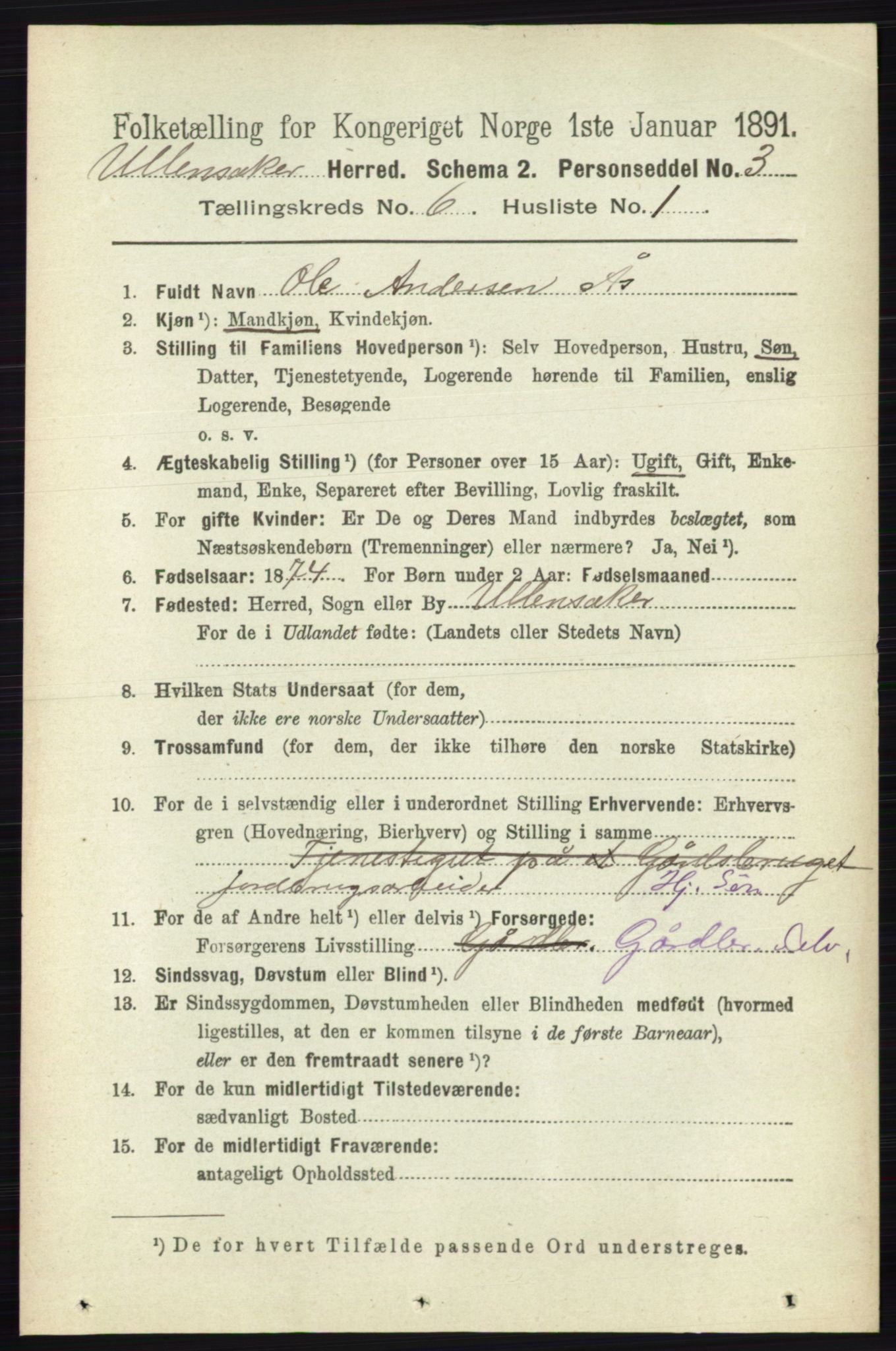 RA, 1891 census for 0235 Ullensaker, 1891, p. 2536