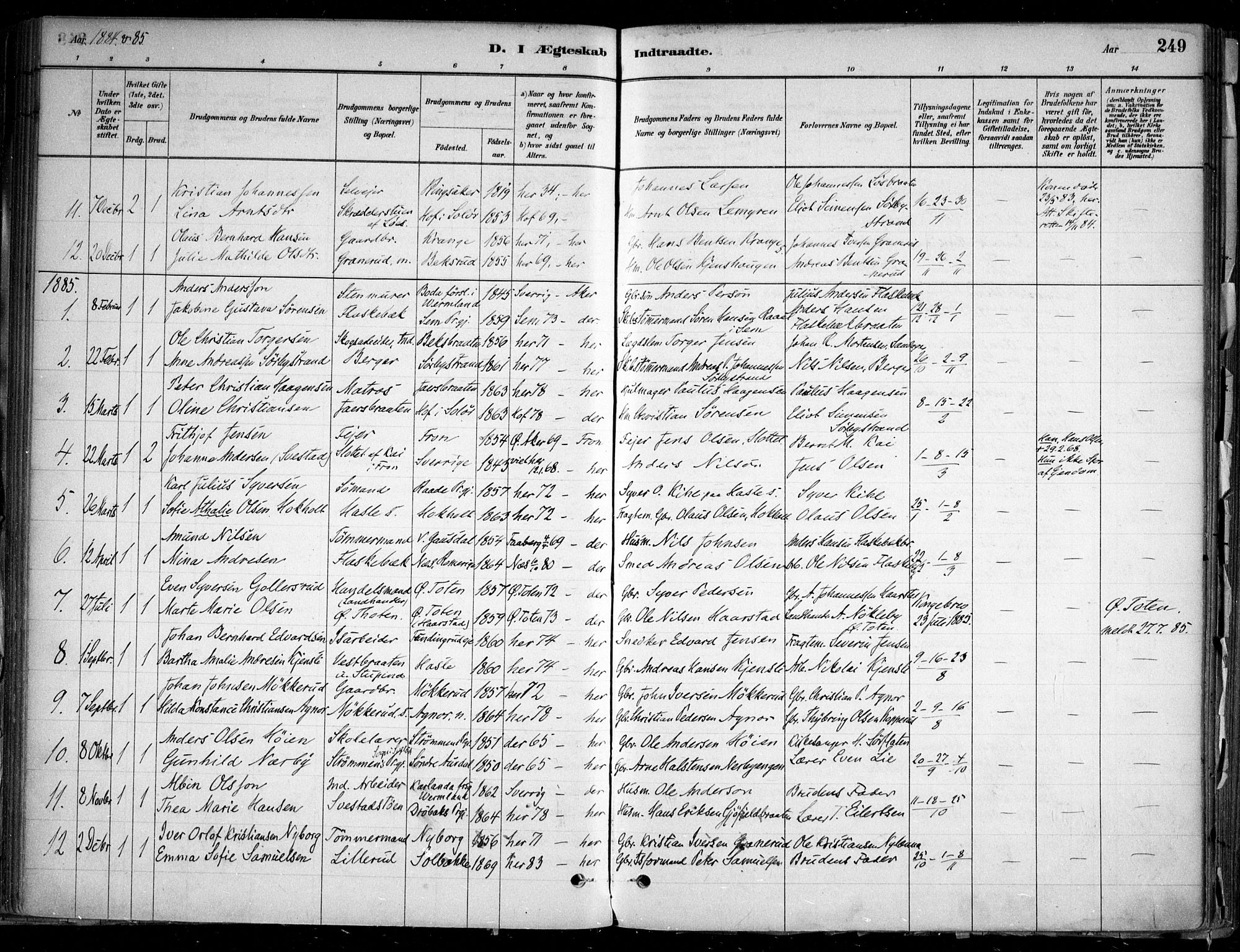 Nesodden prestekontor Kirkebøker, SAO/A-10013/F/Fa/L0009: Parish register (official) no. I 9, 1880-1915, p. 249