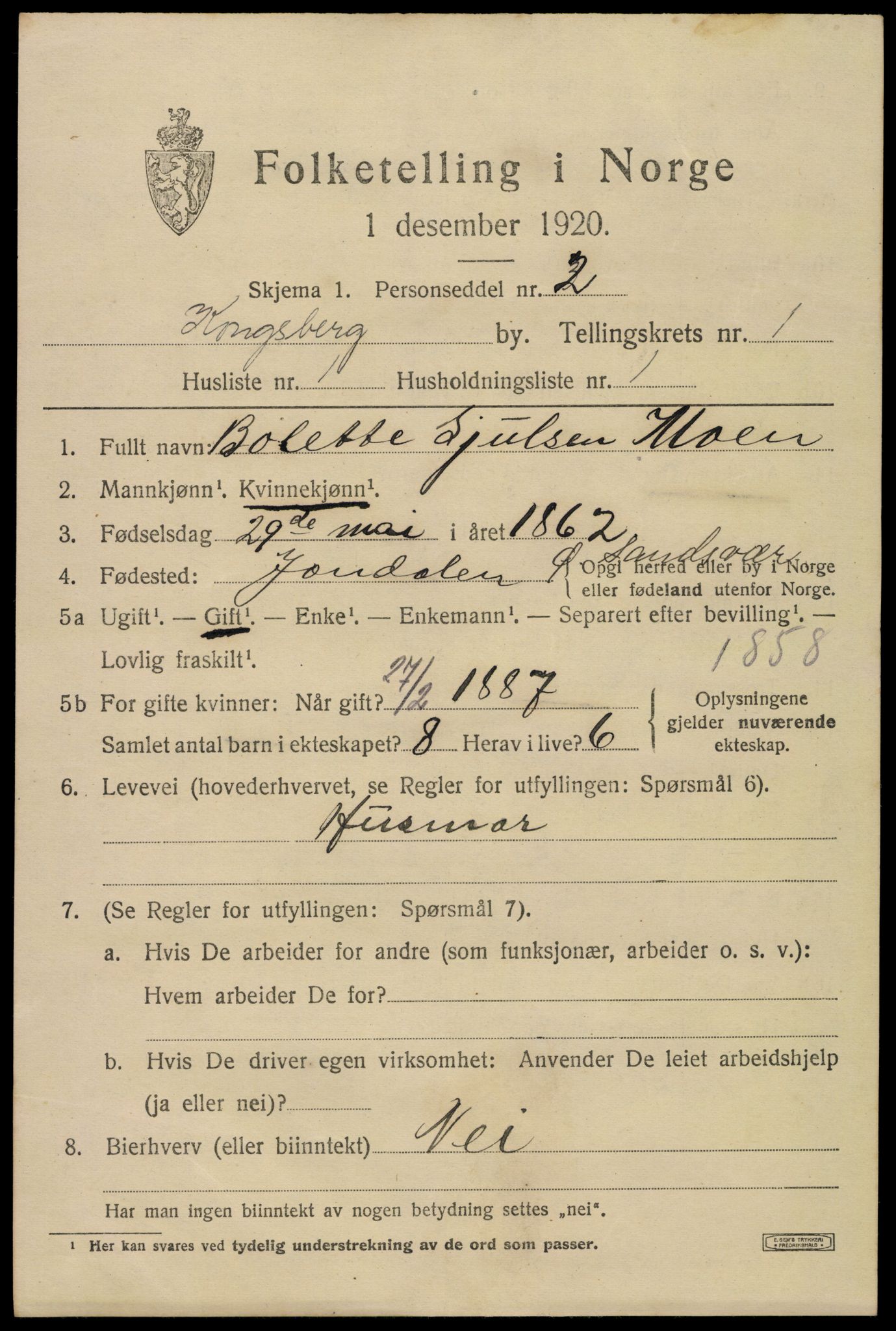 SAKO, 1920 census for Kongsberg, 1920, p. 5704