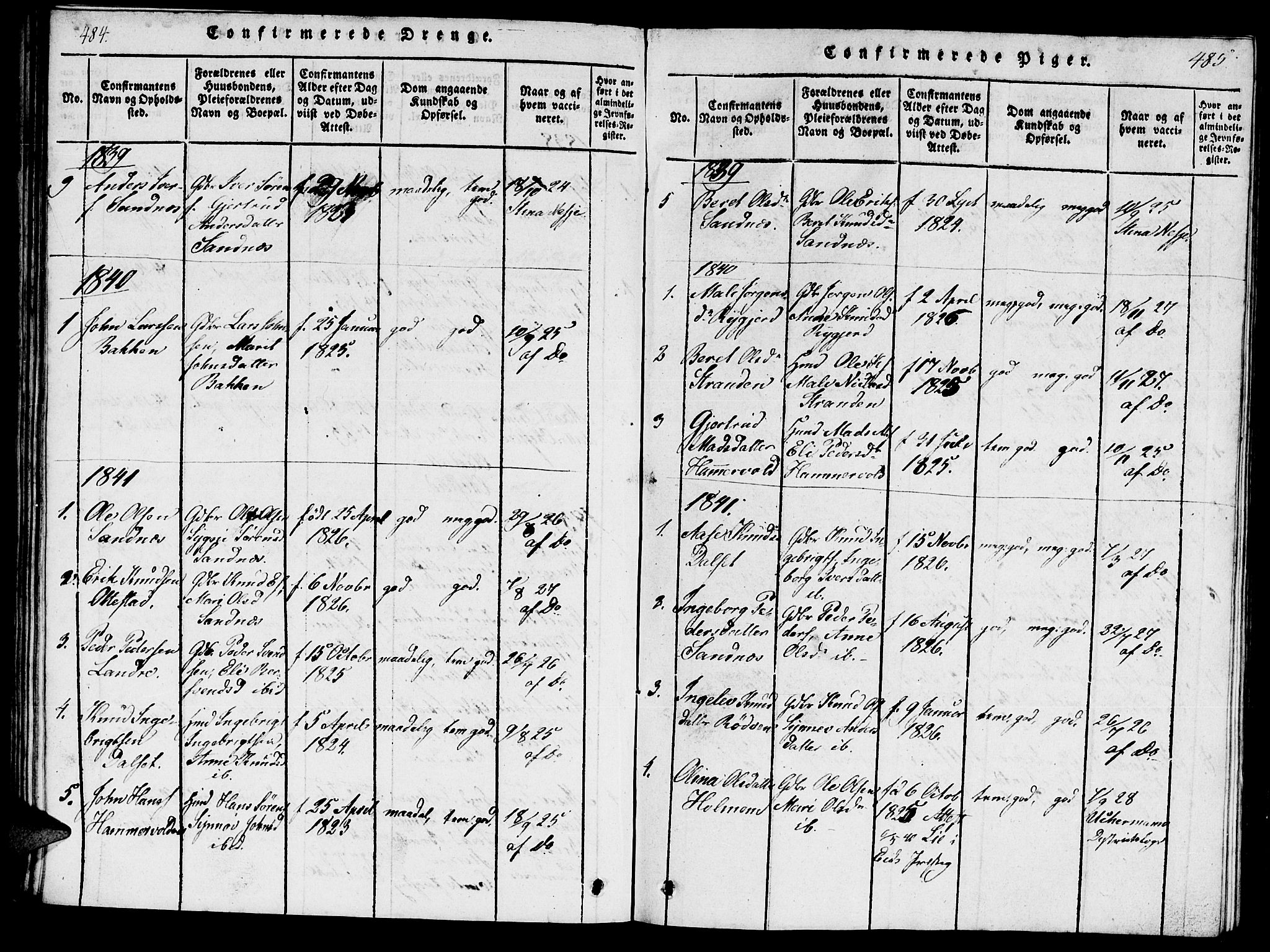 Ministerialprotokoller, klokkerbøker og fødselsregistre - Møre og Romsdal, AV/SAT-A-1454/548/L0613: Parish register (copy) no. 548C01, 1818-1846, p. 484-485