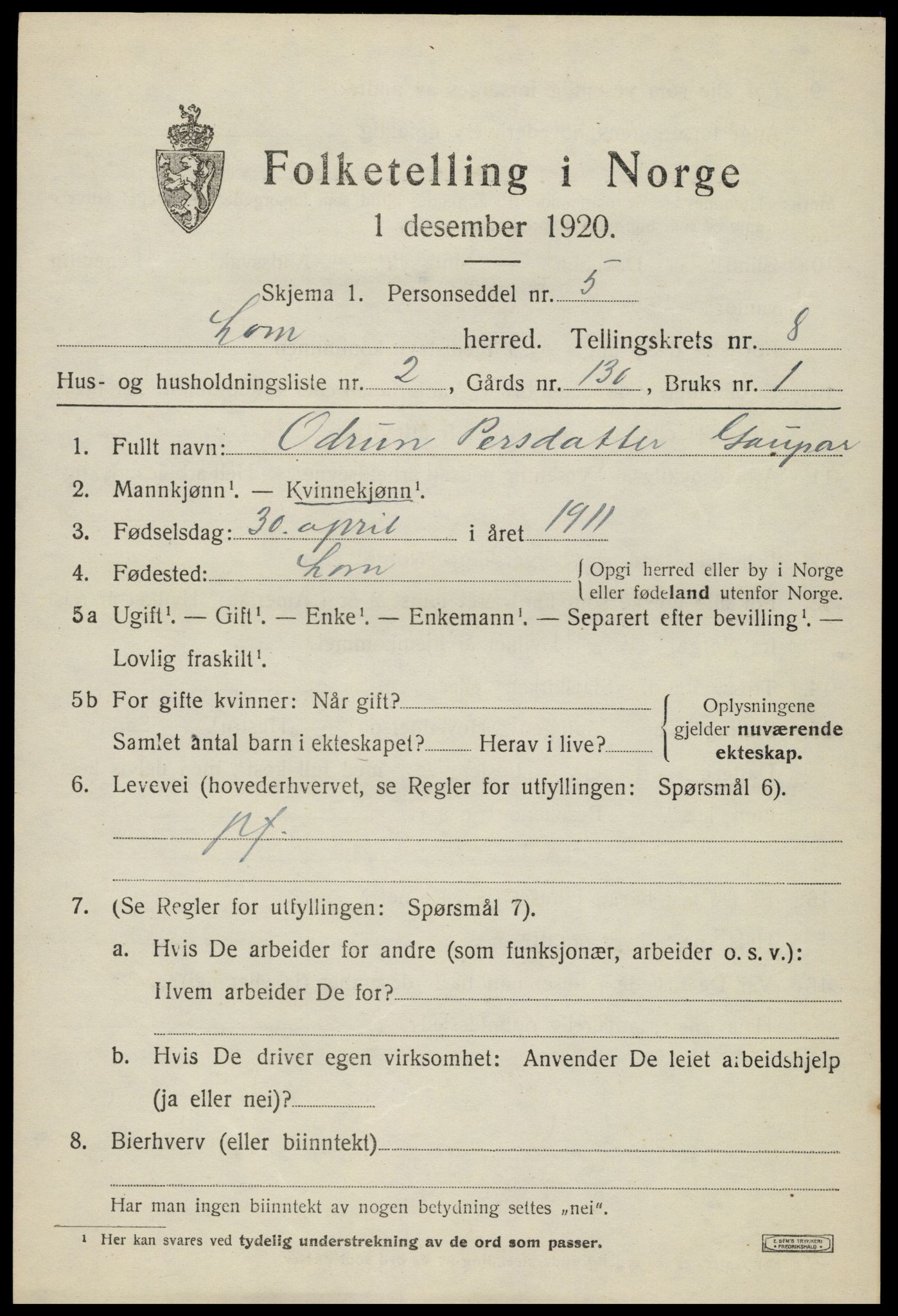 SAH, 1920 census for Lom, 1920, p. 4766