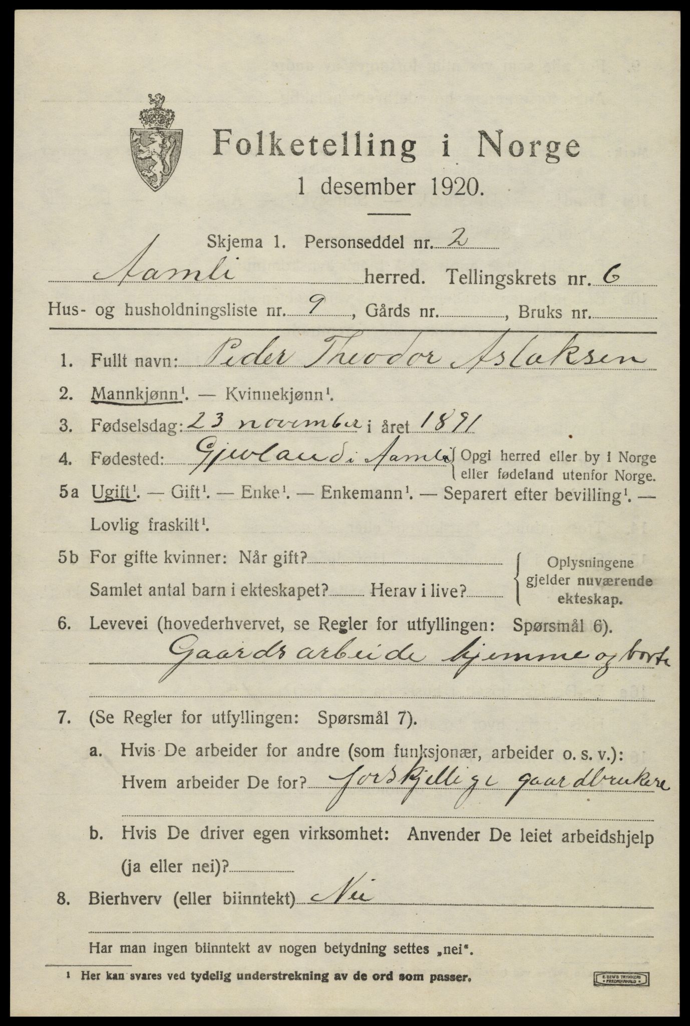 SAK, 1920 census for Åmli, 1920, p. 2713