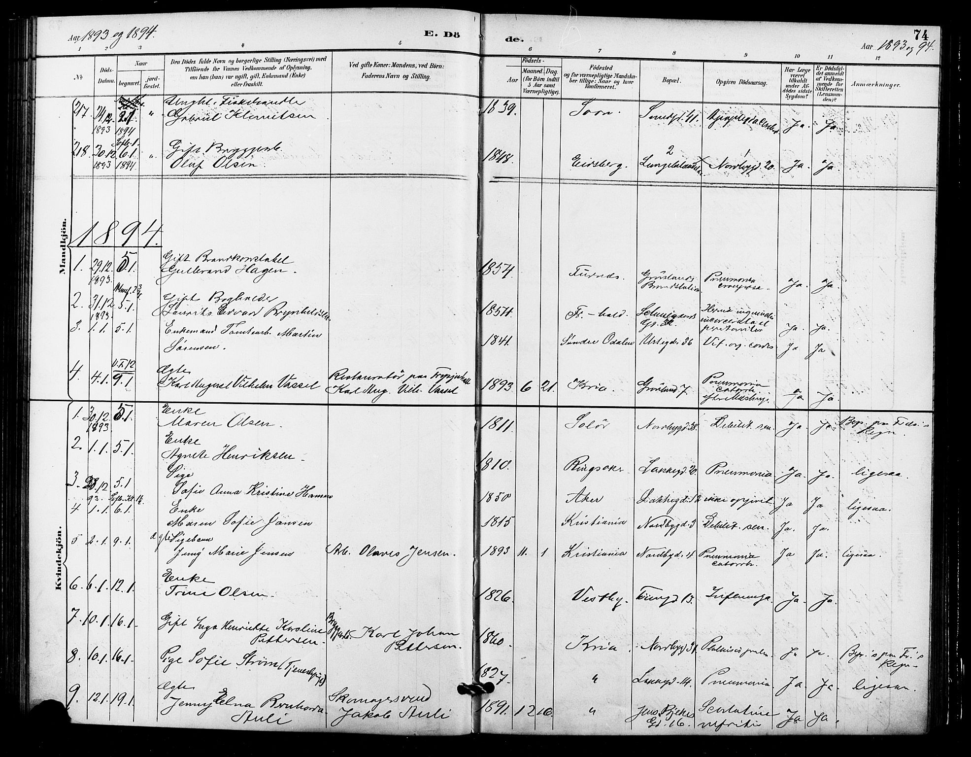 Grønland prestekontor Kirkebøker, AV/SAO-A-10848/F/Fa/L0010: Parish register (official) no. 10, 1891-1898, p. 74