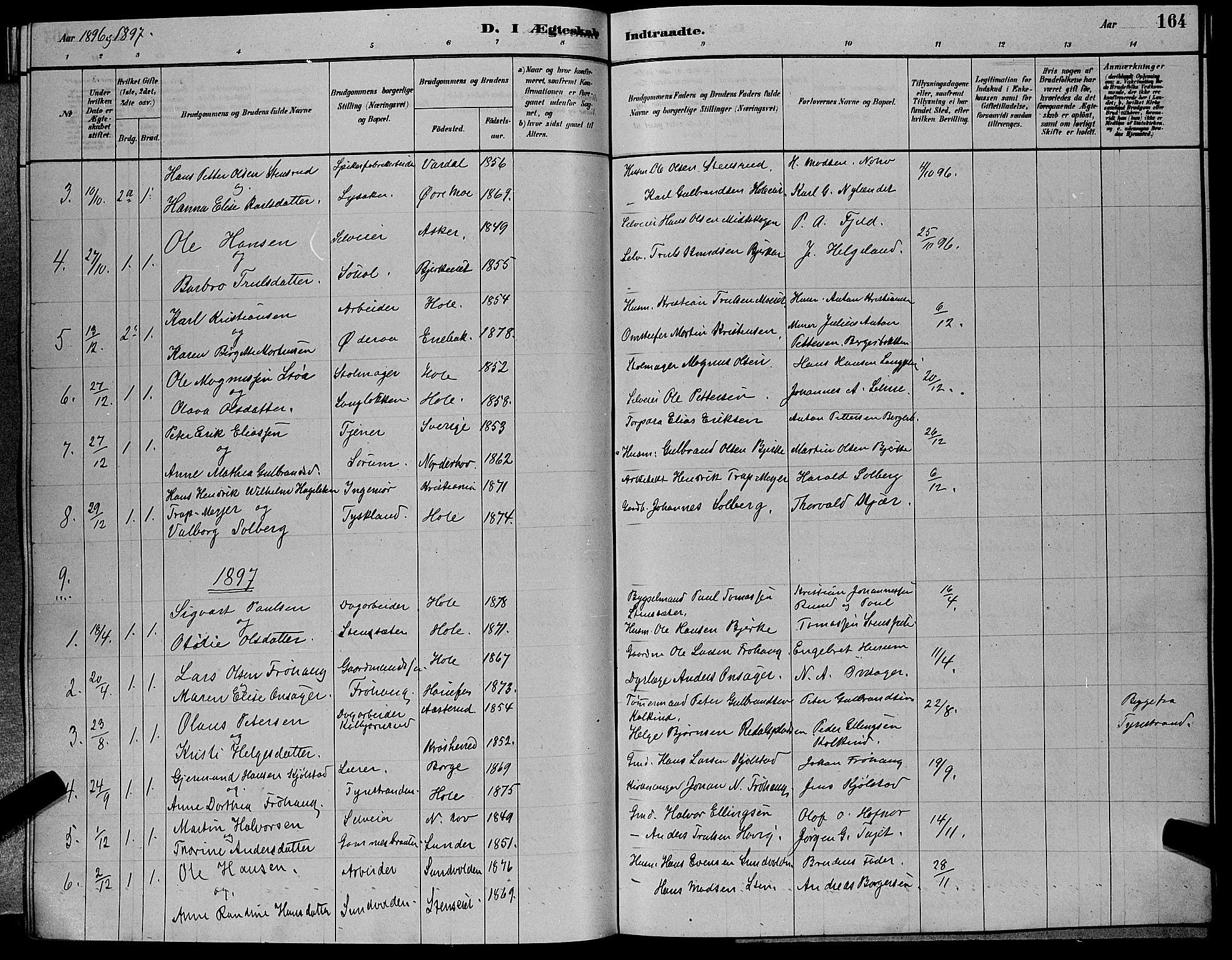 Hole kirkebøker, SAKO/A-228/G/Ga/L0003: Parish register (copy) no. I 3, 1879-1904, p. 164