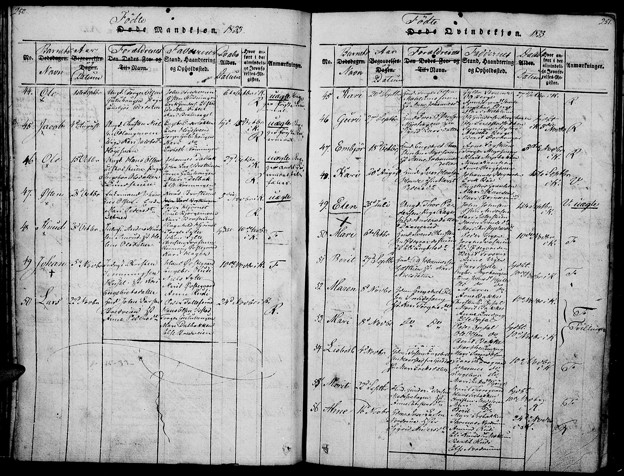 Ringebu prestekontor, SAH/PREST-082/H/Ha/Haa/L0004: Parish register (official) no. 4, 1821-1839, p. 250-251