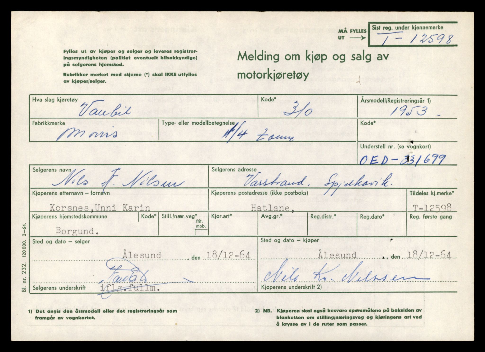 Møre og Romsdal vegkontor - Ålesund trafikkstasjon, AV/SAT-A-4099/F/Fe/L0034: Registreringskort for kjøretøy T 12500 - T 12652, 1927-1998, p. 1910