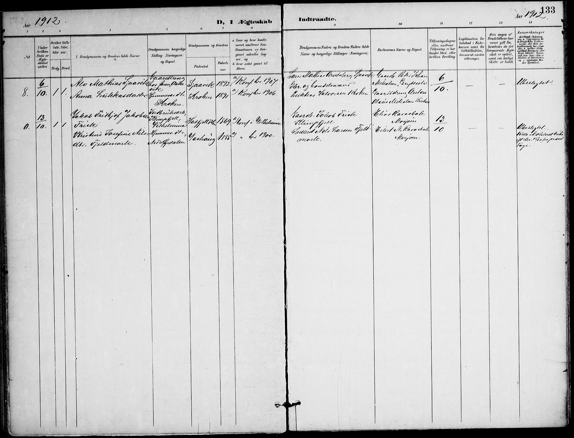 Ministerialprotokoller, klokkerbøker og fødselsregistre - Nordland, AV/SAT-A-1459/823/L0326: Parish register (official) no. 823A03, 1899-1919, p. 133