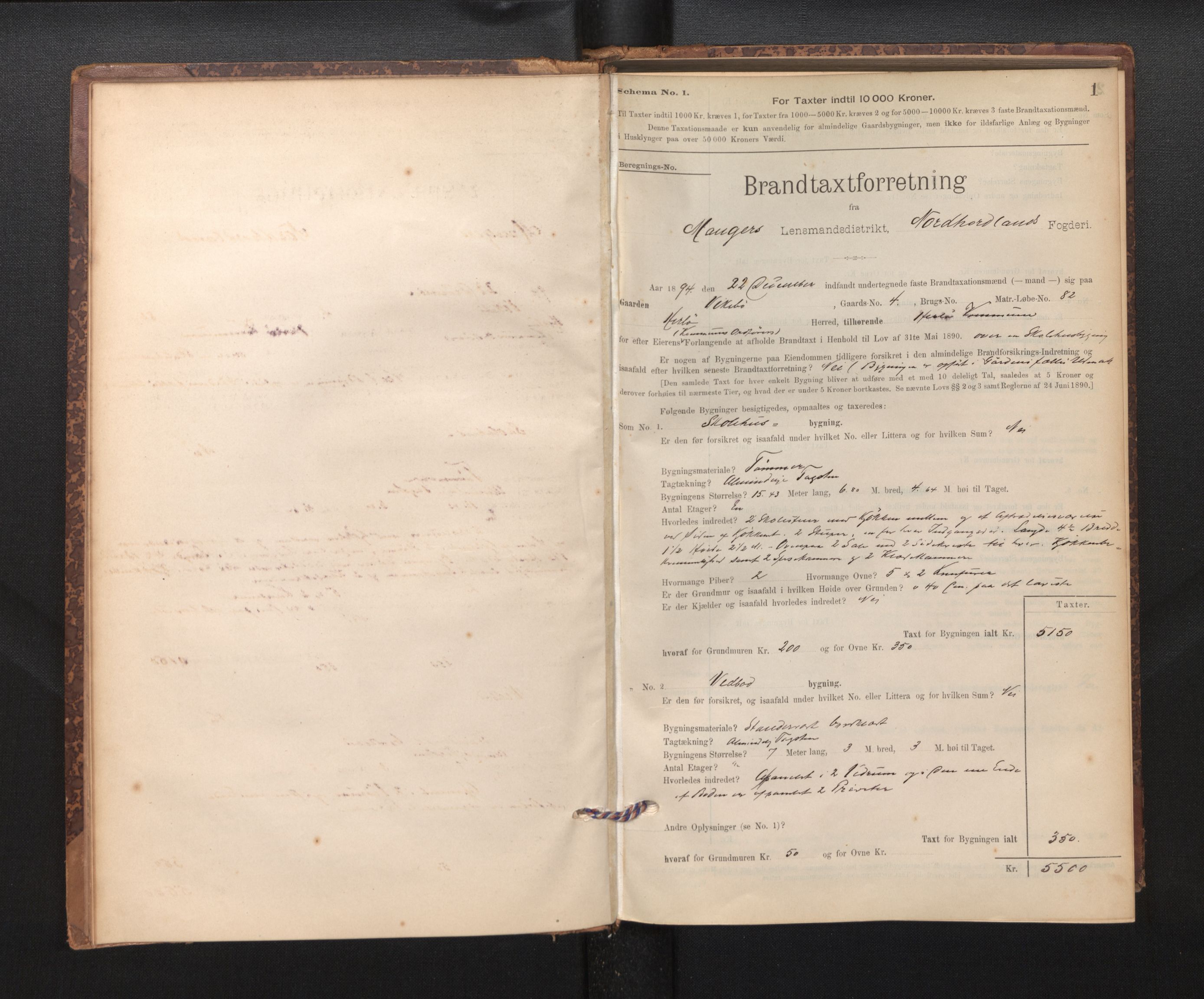 Lensmannen i Manger, SAB/A-33701/0012/L0004: Branntakstprotokoll, skjematakst, 1894-1952, p. 1