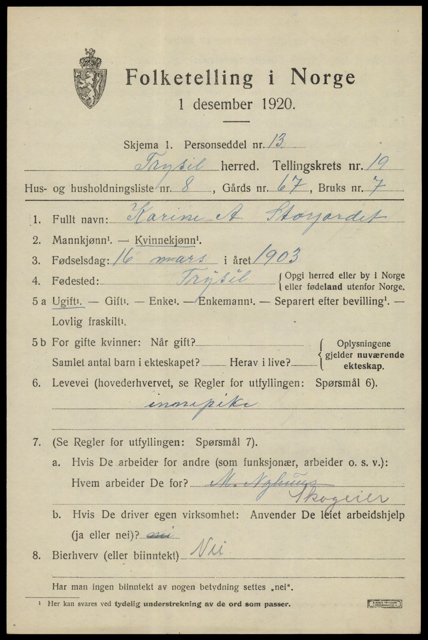 SAH, 1920 census for Trysil, 1920, p. 12839
