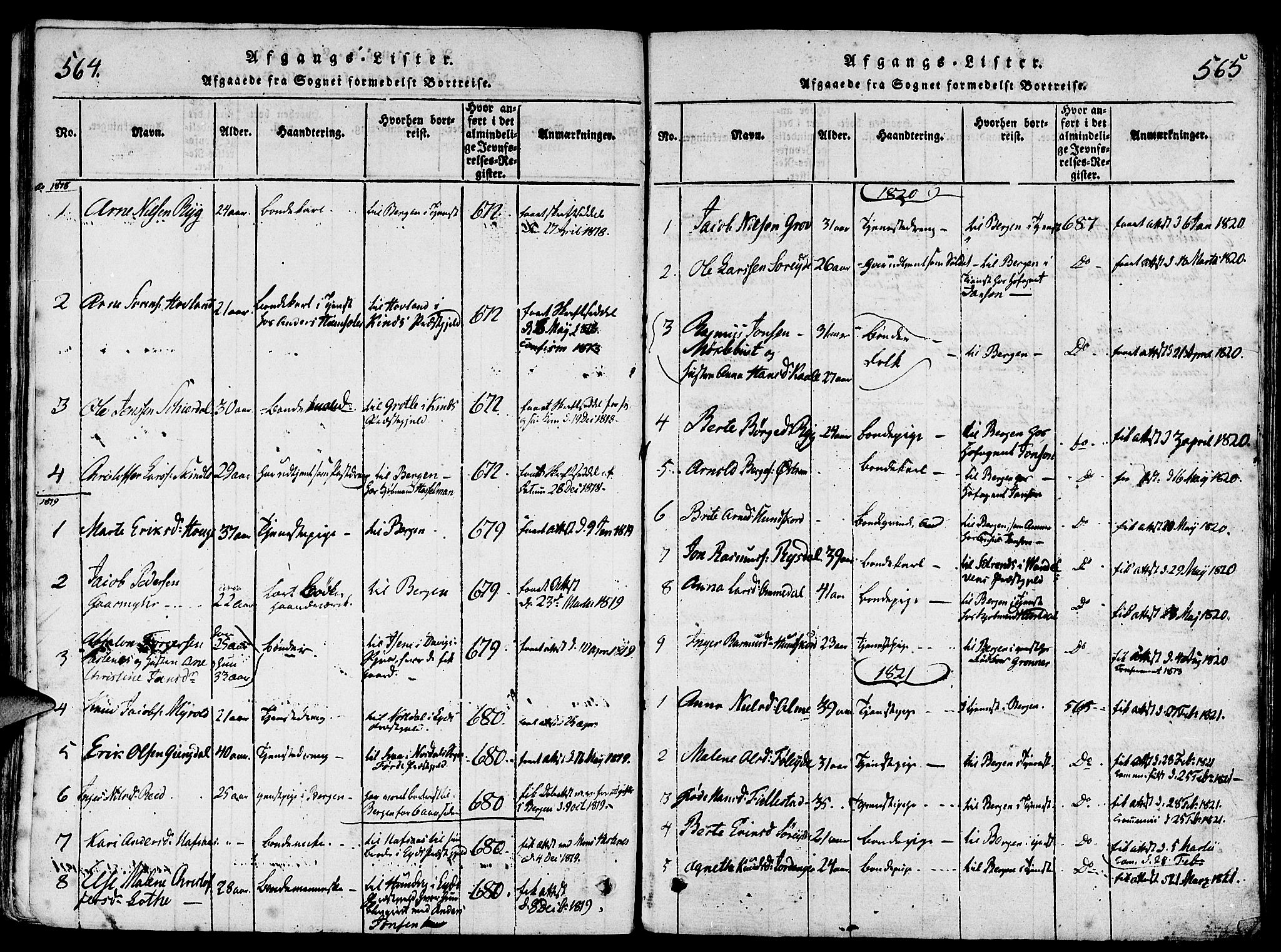Gloppen sokneprestembete, SAB/A-80101/H/Haa/Haaa/L0006: Parish register (official) no. A 6, 1816-1826, p. 564-565
