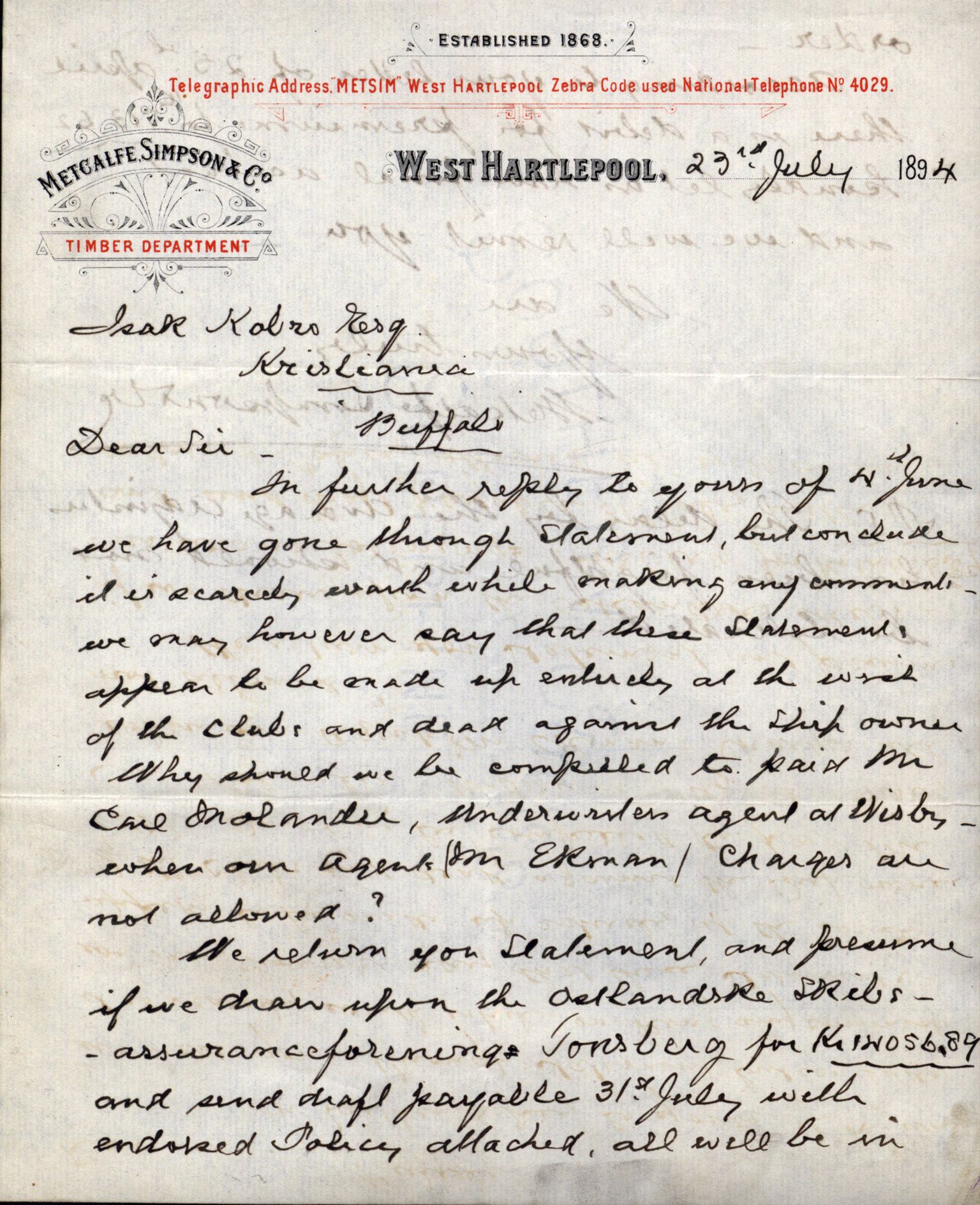 Pa 63 - Østlandske skibsassuranceforening, VEMU/A-1079/G/Ga/L0029/0009: Havaridokumenter / Anette, Agathe, Agra, Buffalo, 1893, p. 12