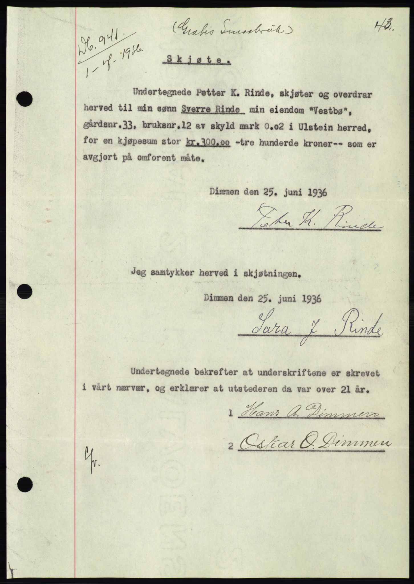 Søre Sunnmøre sorenskriveri, AV/SAT-A-4122/1/2/2C/L0061: Mortgage book no. 55, 1936-1936, Diary no: : 941/1936