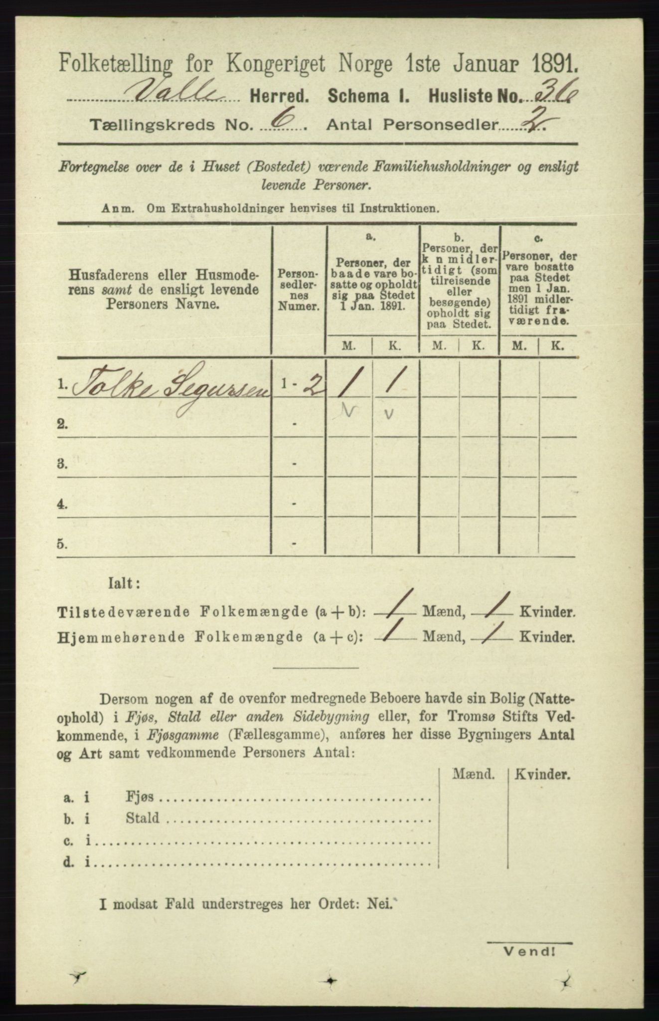 RA, 1891 census for 0940 Valle, 1891, p. 1671