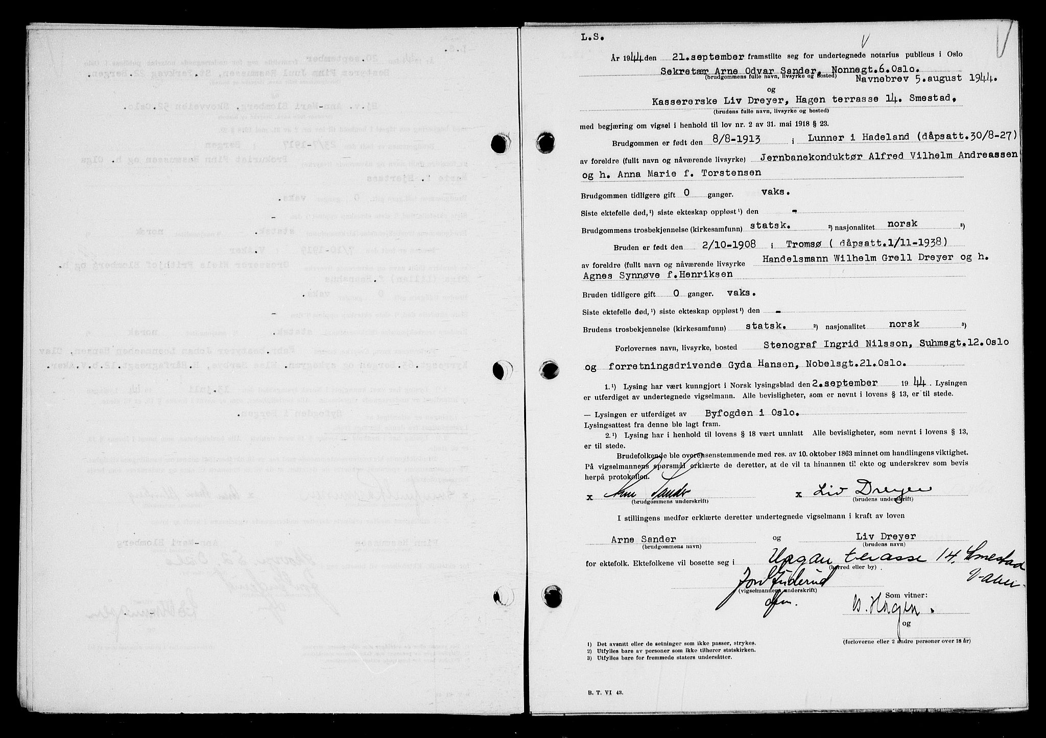 Oslo byfogd avd. I, AV/SAO-A-10220/L/Lb/Lbb/L0051: Notarialprotokoll, rekke II: Vigsler, 1944