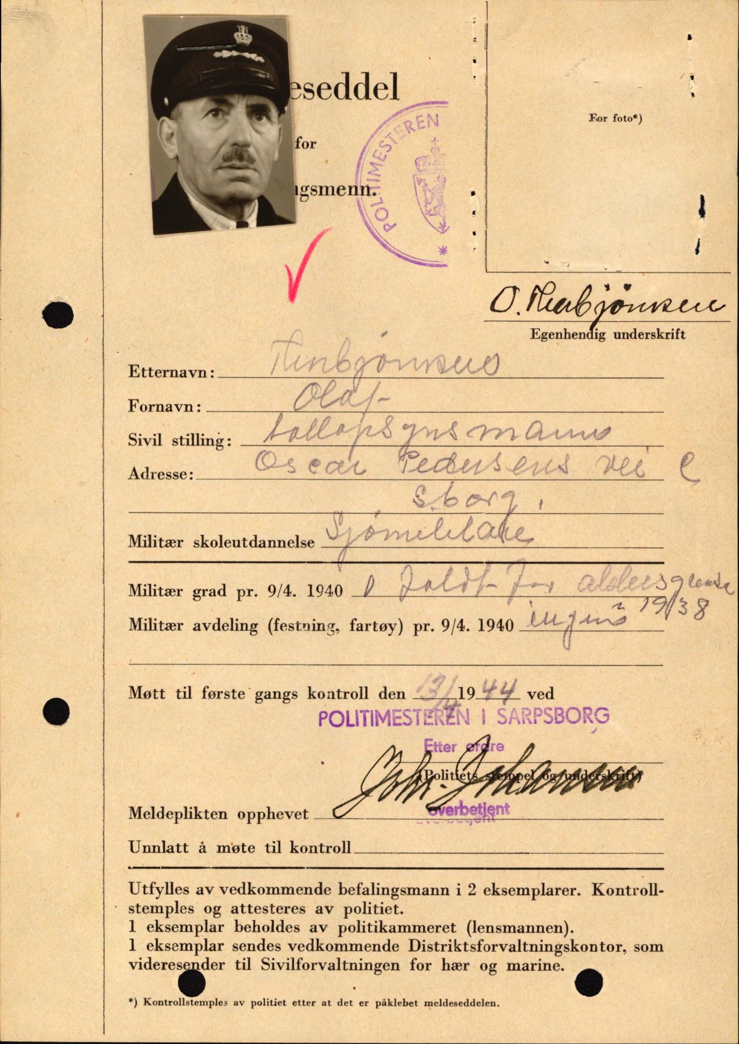 Forsvaret, Forsvarets krigshistoriske avdeling, AV/RA-RAFA-2017/Y/Yf/L0209: II-C-11-2121  -  Okkupasjonstiden.  Meldesedler for befal med foto og oppl. om militær grad 9. apr. 1940., 1944-1945, p. 1088