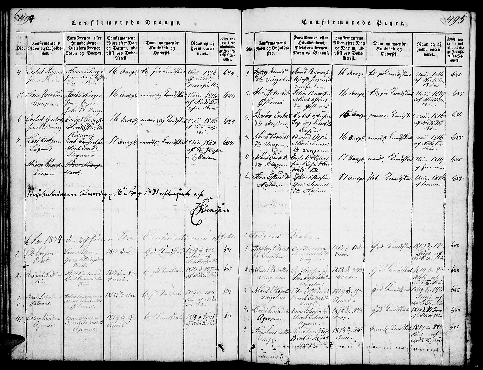 Tolga prestekontor, SAH/PREST-062/L/L0003: Parish register (copy) no. 3, 1815-1862, p. 494-495