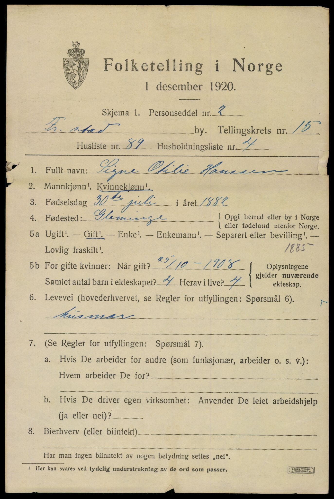 SAO, 1920 census for Fredrikstad, 1920, p. 37035