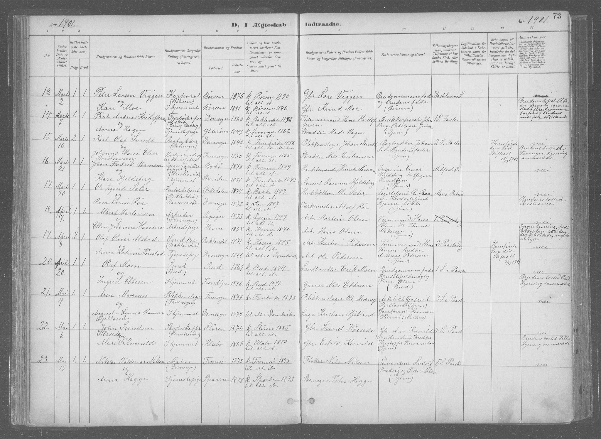 Ministerialprotokoller, klokkerbøker og fødselsregistre - Sør-Trøndelag, SAT/A-1456/601/L0064: Parish register (official) no. 601A31, 1891-1911, p. 73