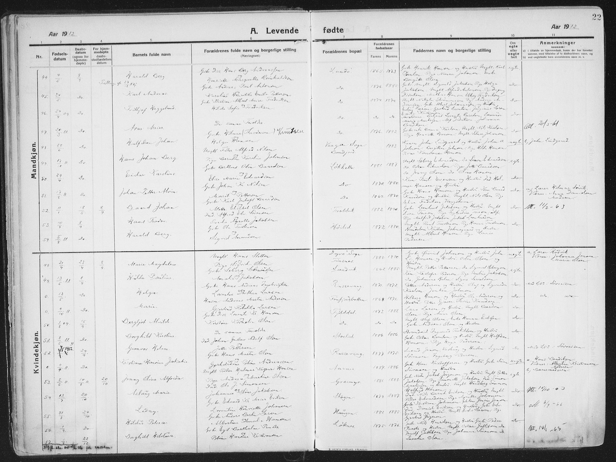 Lenvik sokneprestembete, AV/SATØ-S-1310/H/Ha/Haa/L0016kirke: Parish register (official) no. 16, 1910-1924, p. 22