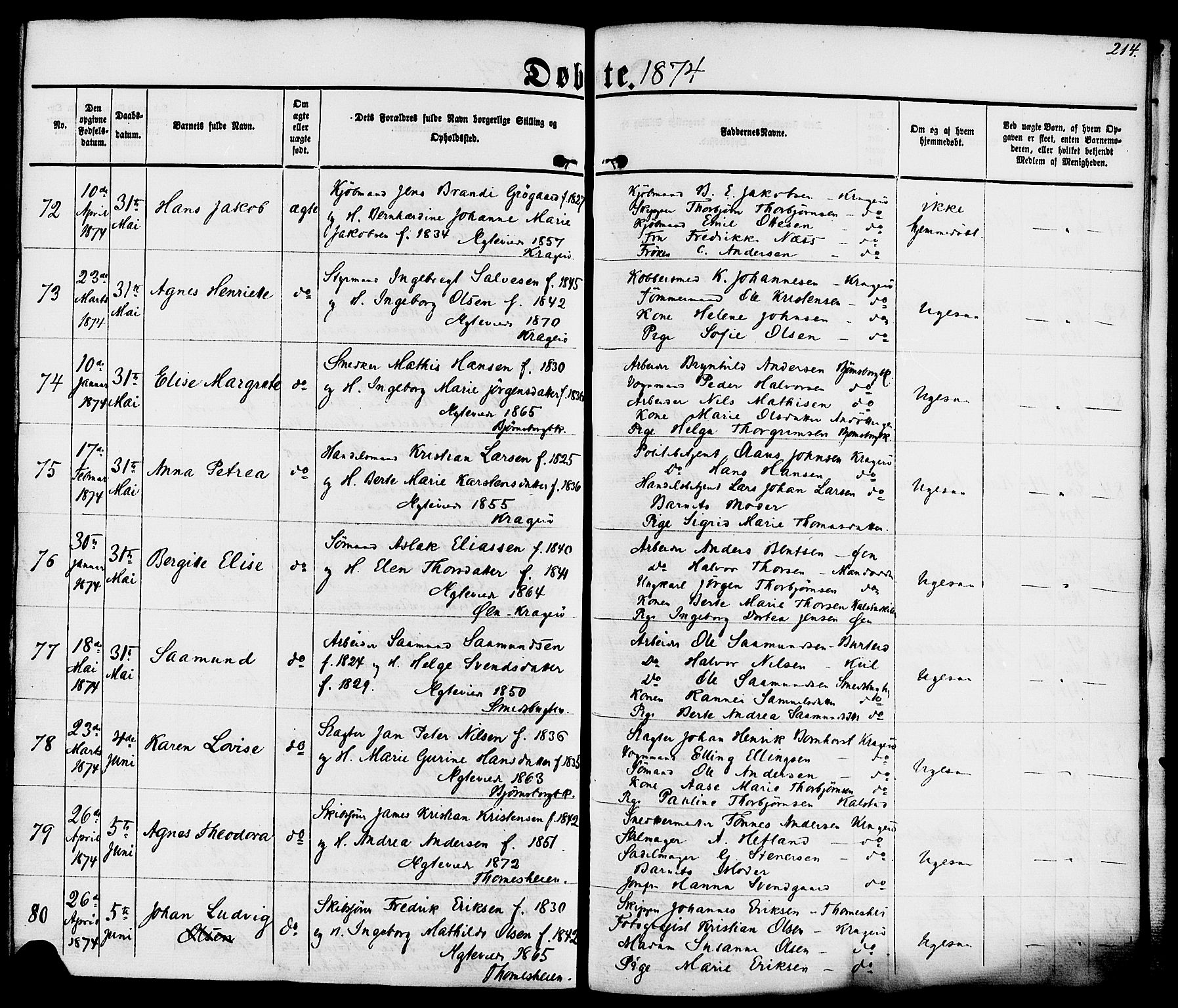 Kragerø kirkebøker, AV/SAKO-A-278/F/Fa/L0007: Parish register (official) no. 7, 1861-1875, p. 214