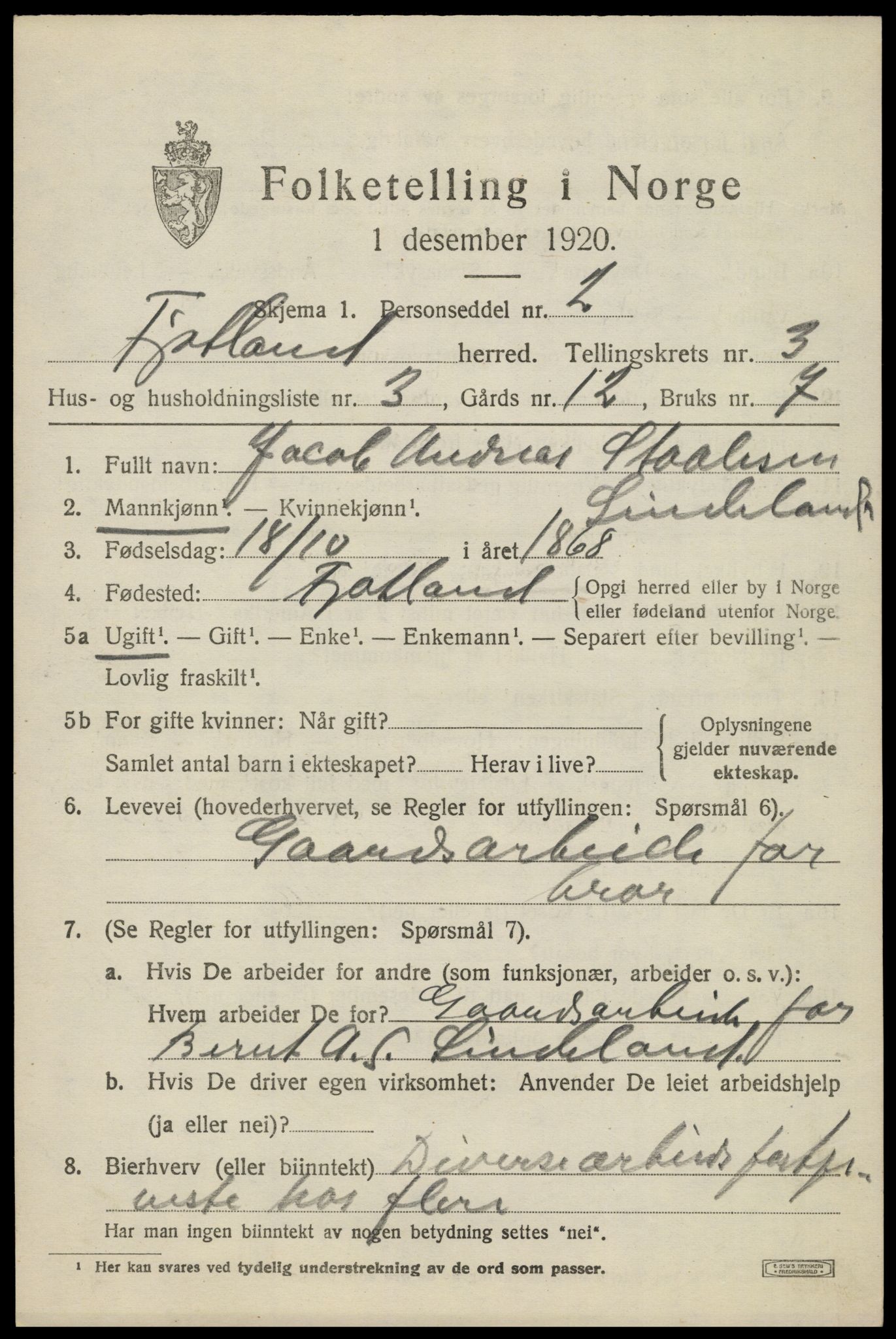 SAK, 1920 census for Fjotland, 1920, p. 956