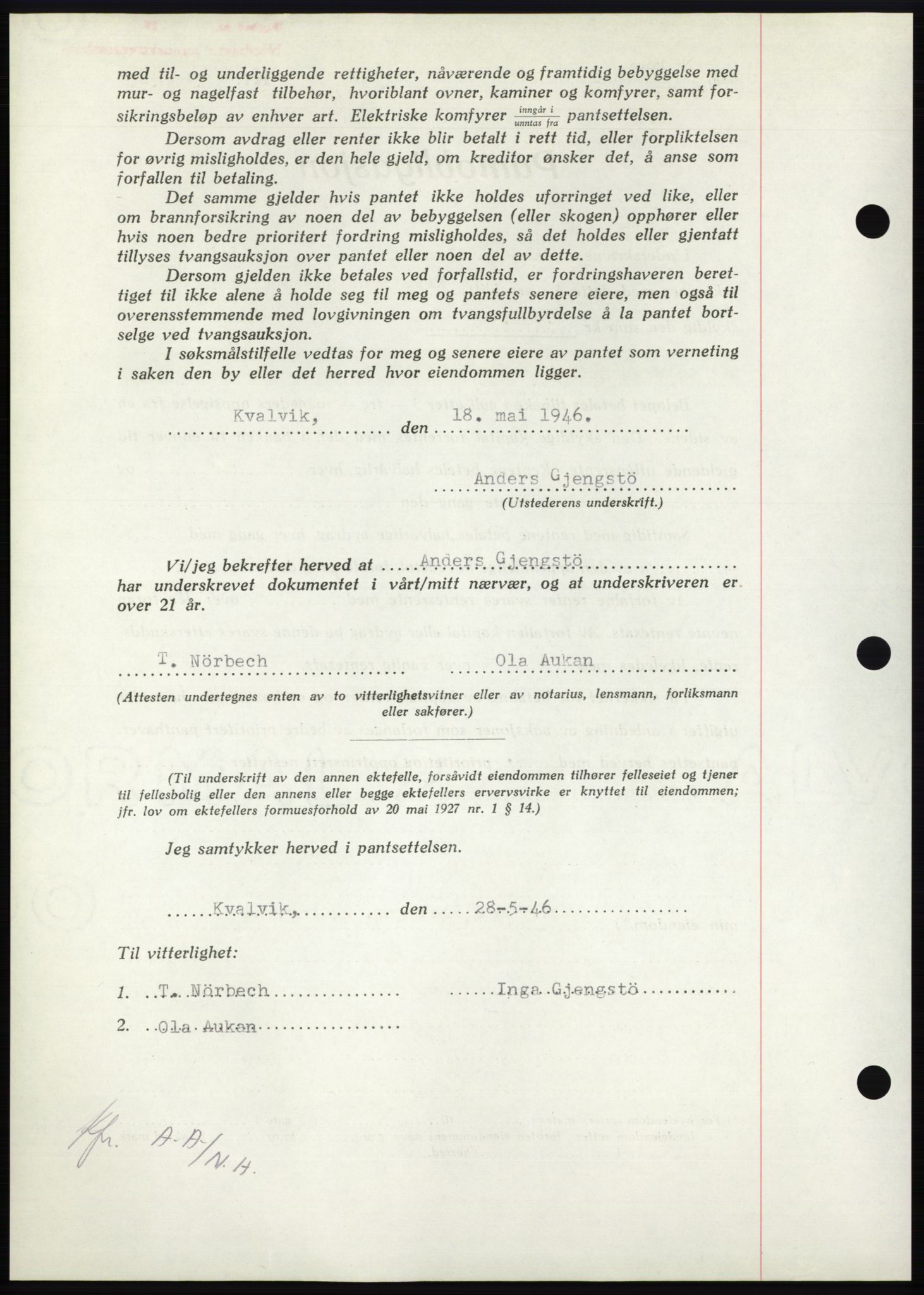 Nordmøre sorenskriveri, AV/SAT-A-4132/1/2/2Ca: Mortgage book no. B94, 1946-1946, Diary no: : 985/1946