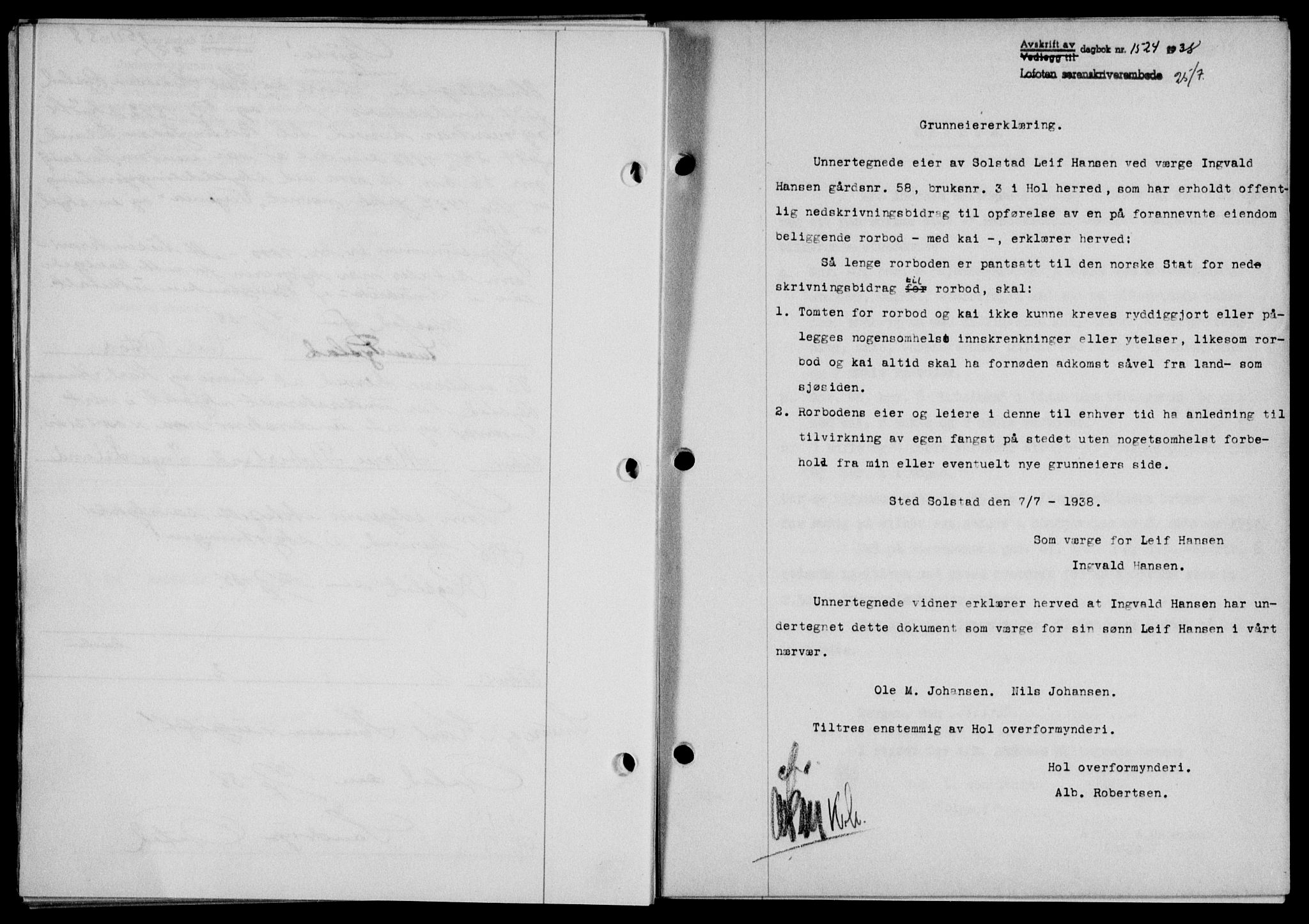 Lofoten sorenskriveri, SAT/A-0017/1/2/2C/L0004a: Mortgage book no. 4a, 1938-1938, Diary no: : 1524/1938