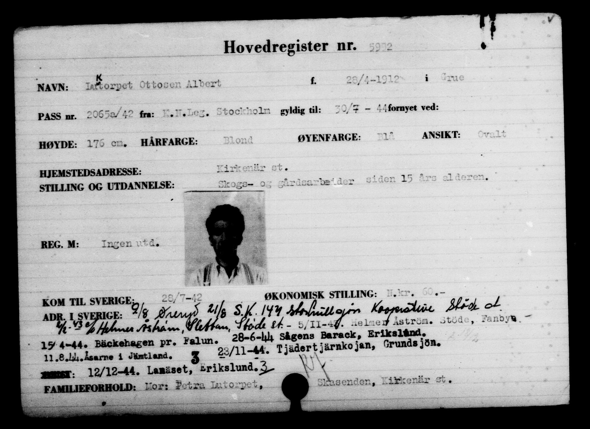 Utenriksstasjonene, Legasjonen i Stockholm, Flyktningkontoret, AV/RA-S-6753/V/Va/L0004: Kjesäterkartoteket, flyktninger med registreringsnr. 3496-6610, 1940-1945, p. 2916