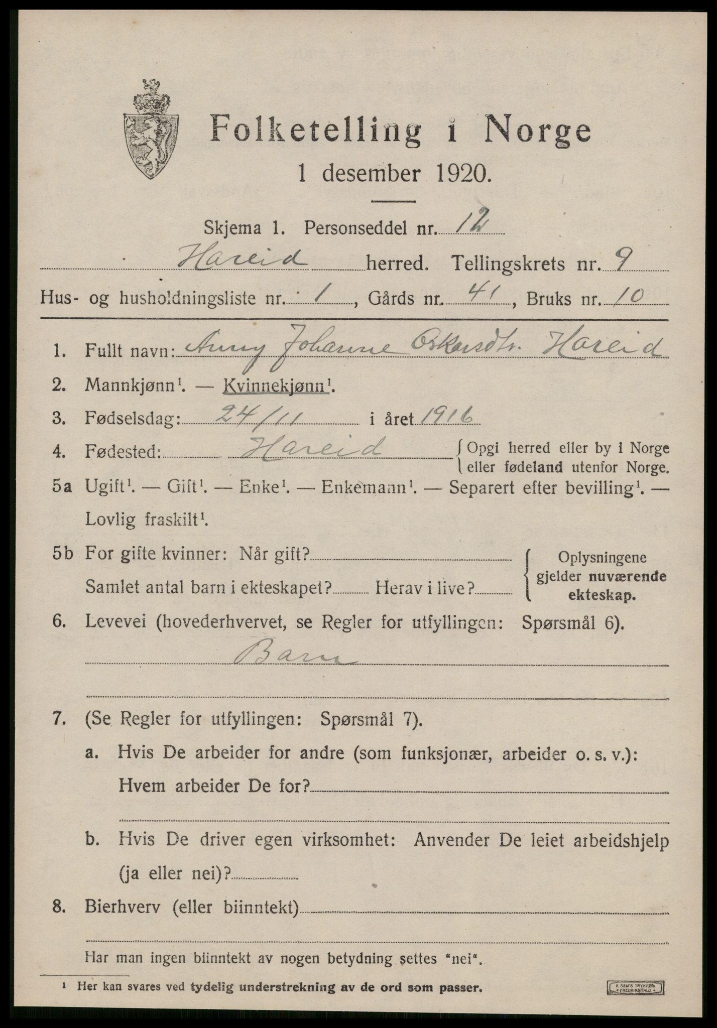 SAT, 1920 census for Hareid, 1920, p. 3181