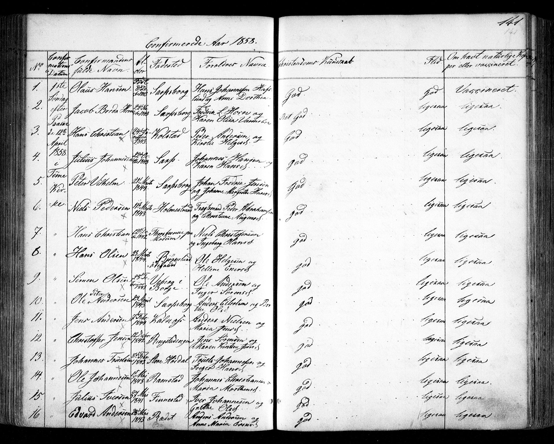 Tune prestekontor Kirkebøker, AV/SAO-A-2007/F/Fa/L0012: Parish register (official) no. 12, 1856-1859, p. 141