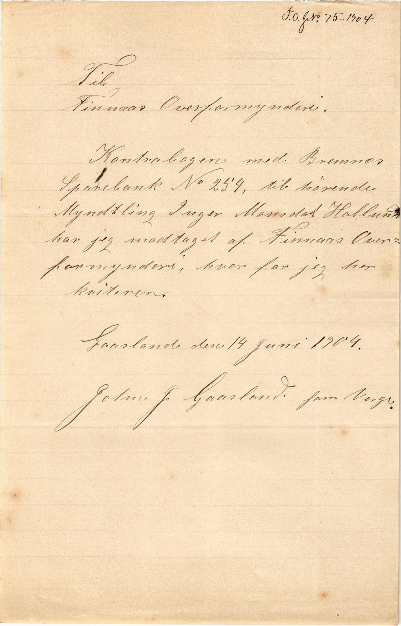 Finnaas kommune. Overformynderiet, IKAH/1218a-812/D/Da/Daa/L0002/0002: Kronologisk ordna korrespondanse / Kronologisk ordna korrespondanse, 1901-1904, p. 192