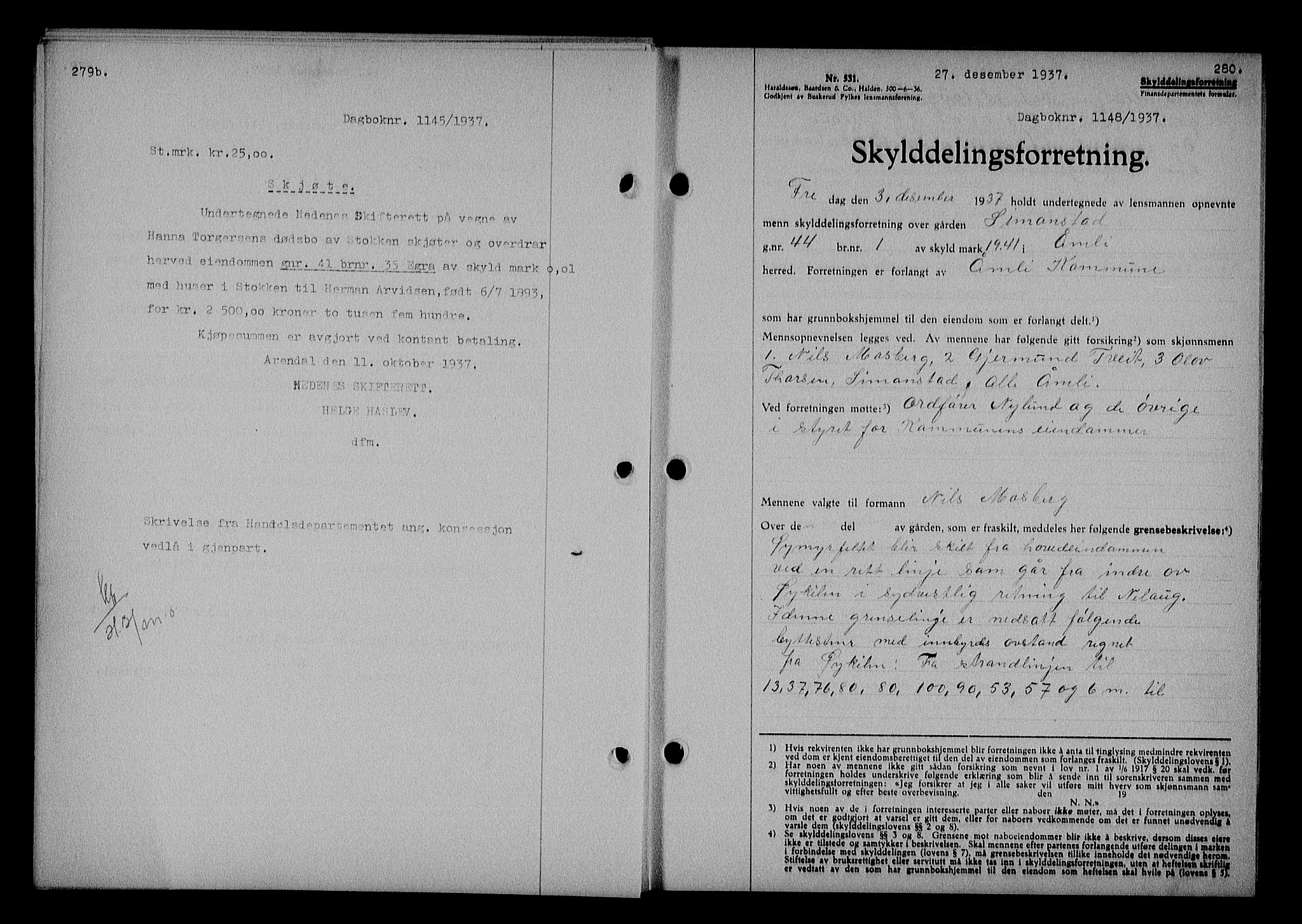 Nedenes sorenskriveri, AV/SAK-1221-0006/G/Gb/Gba/L0044: Mortgage book no. 40, 1937-1938, Diary no: : 1148/1937