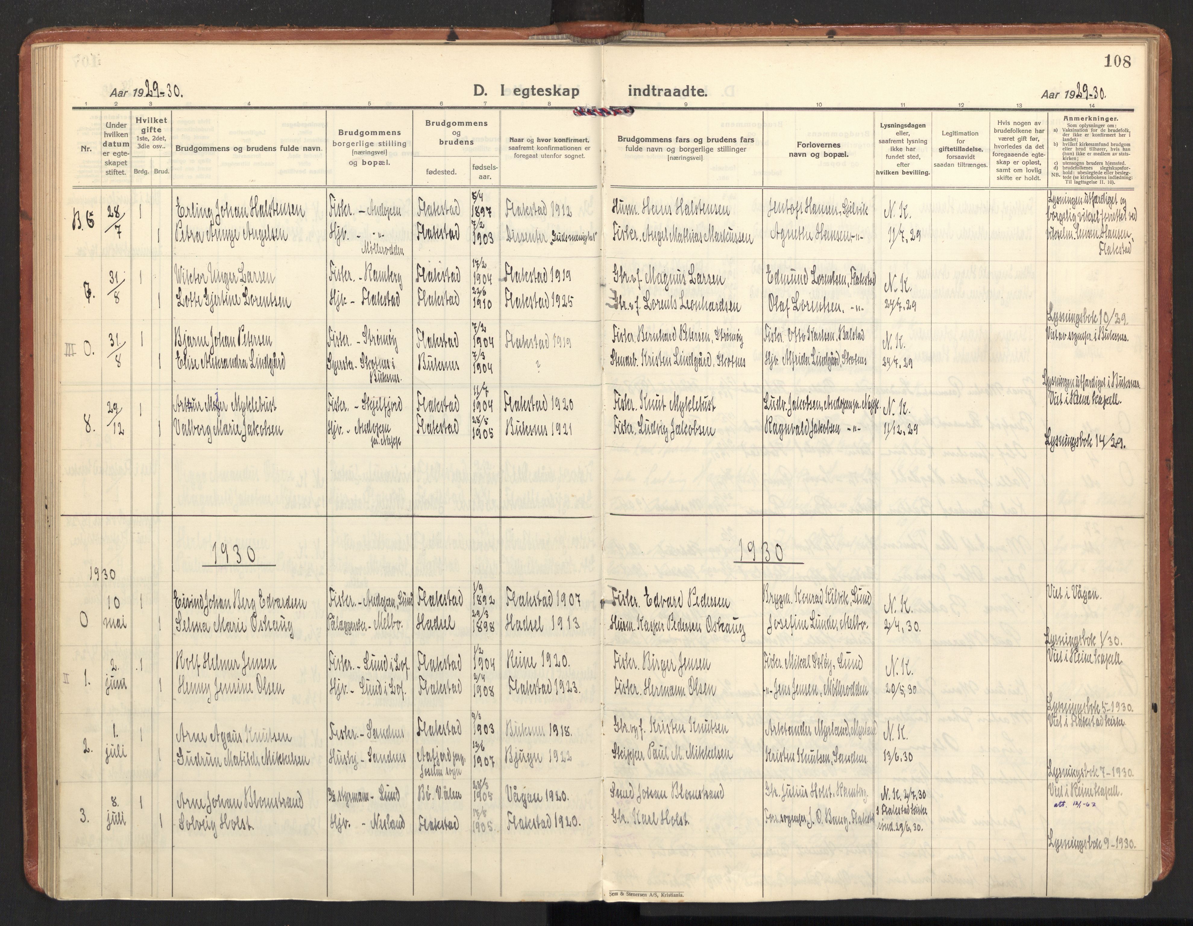 Ministerialprotokoller, klokkerbøker og fødselsregistre - Nordland, AV/SAT-A-1459/885/L1211: Parish register (official) no. 885A11, 1927-1938, p. 108