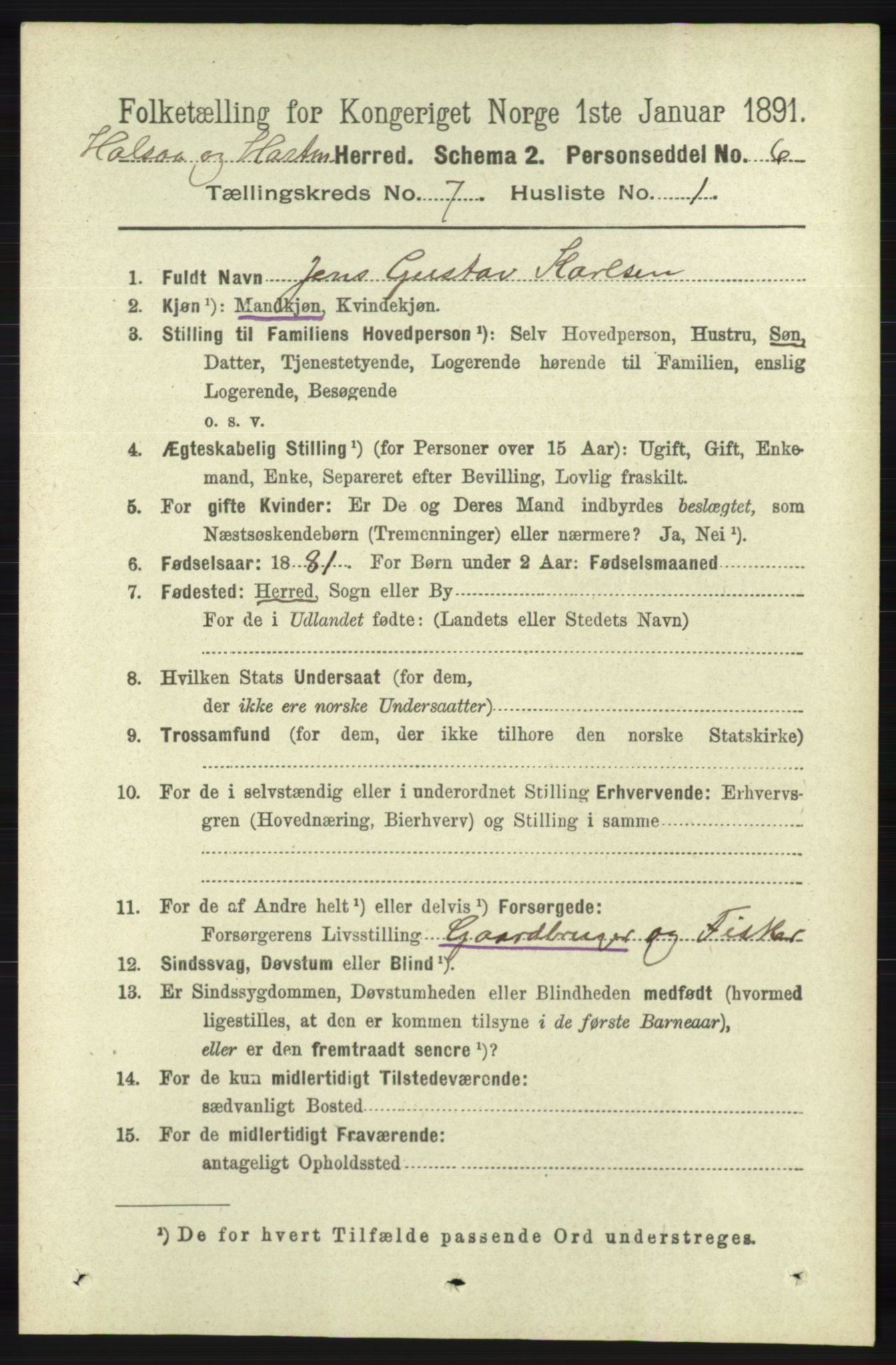 RA, 1891 census for 1019 Halse og Harkmark, 1891, p. 2748