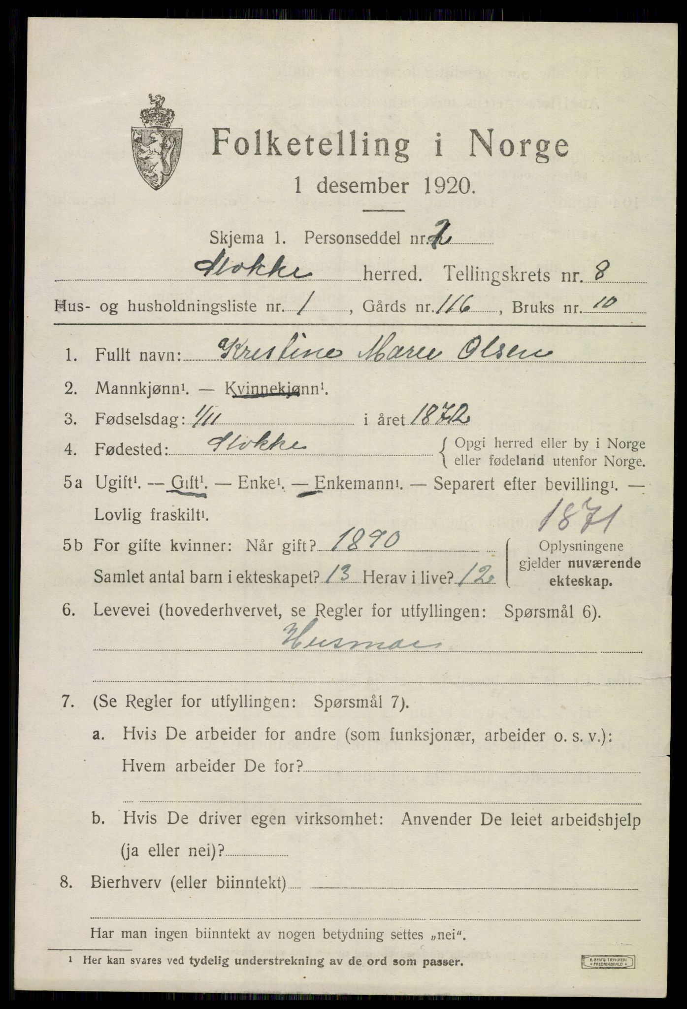 SAKO, 1920 census for Stokke, 1920, p. 9294