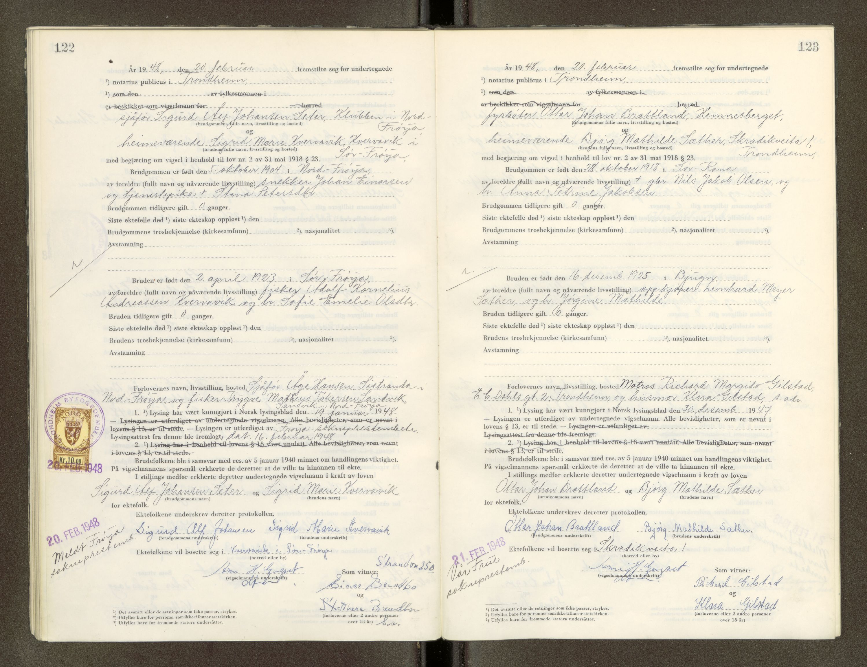 Trondheim byfogd, AV/SAT-A-0003/1/6/6D/L0005: Vigselbøker, 1944-1948, p. 122-123