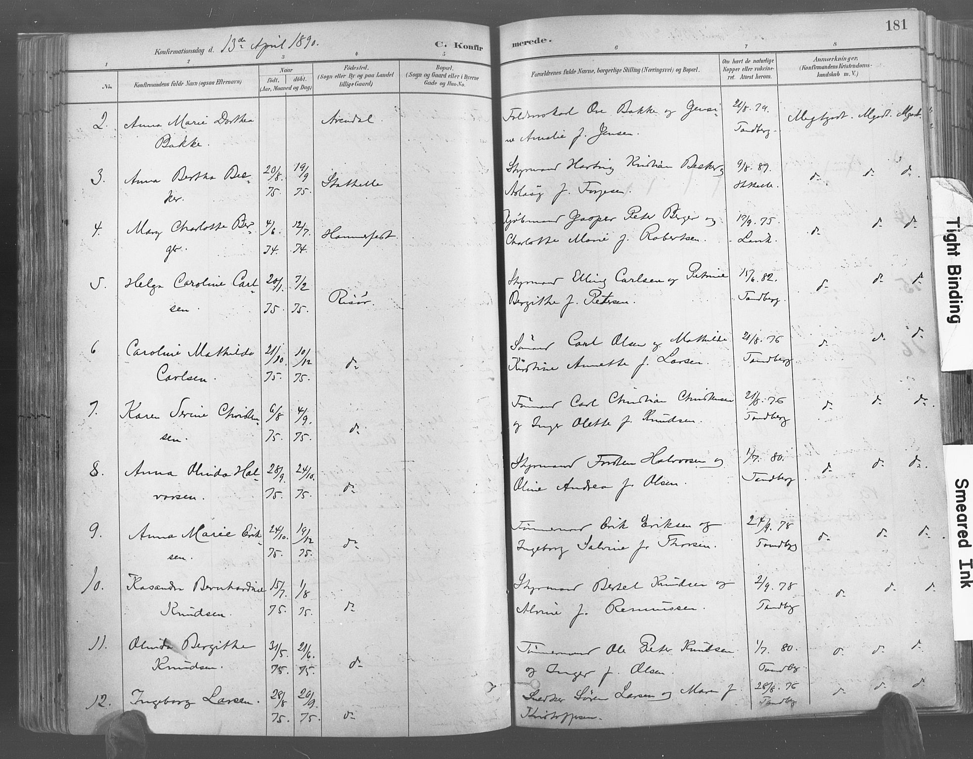 Risør sokneprestkontor, AV/SAK-1111-0035/F/Fa/L0005: Parish register (official) no. A 5, 1883-1895, p. 181