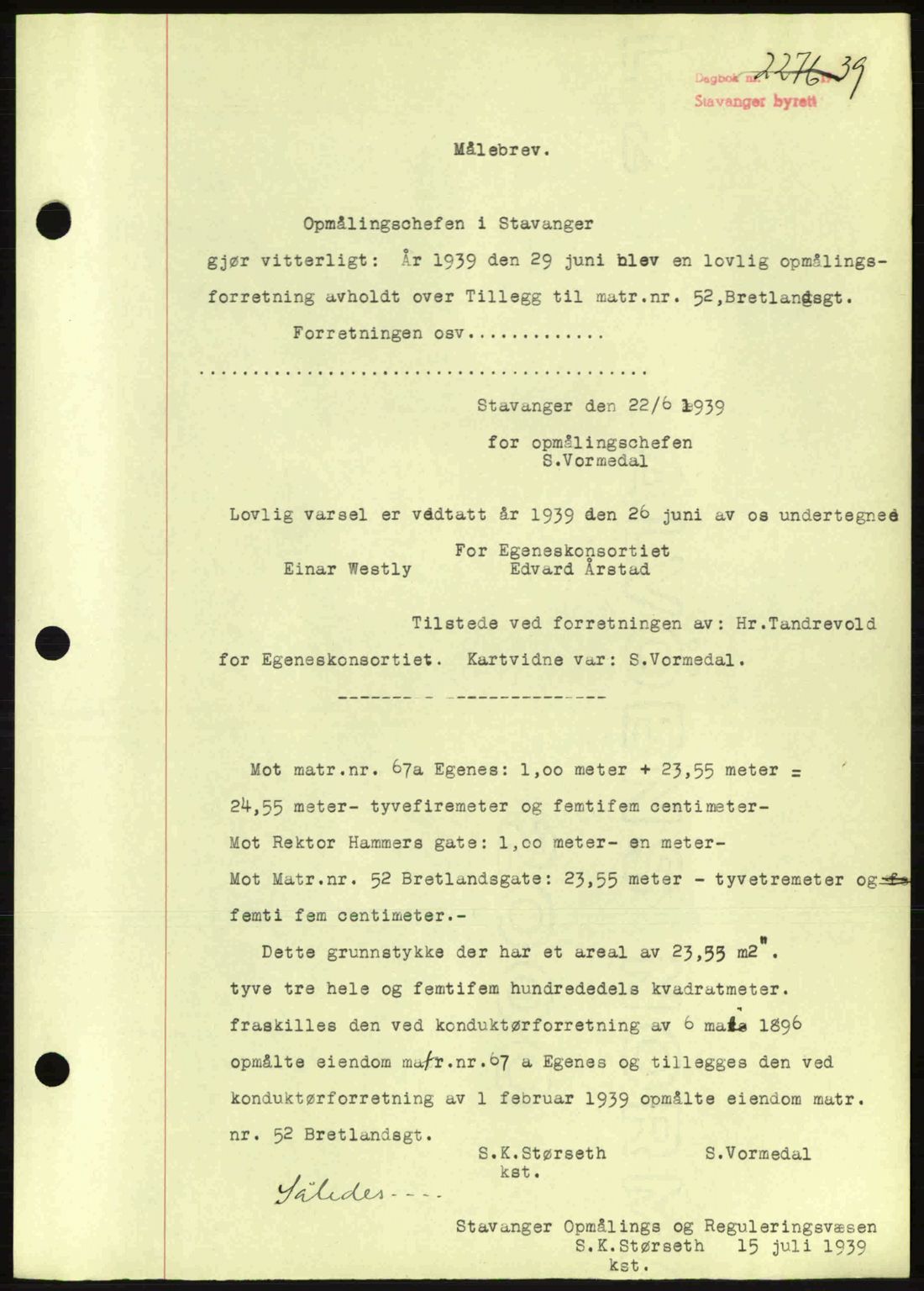 Stavanger byrett, SAST/A-100455/002/G/Gb/L0014: Mortgage book no. A4, 1938-1939, Diary no: : 2276/1939