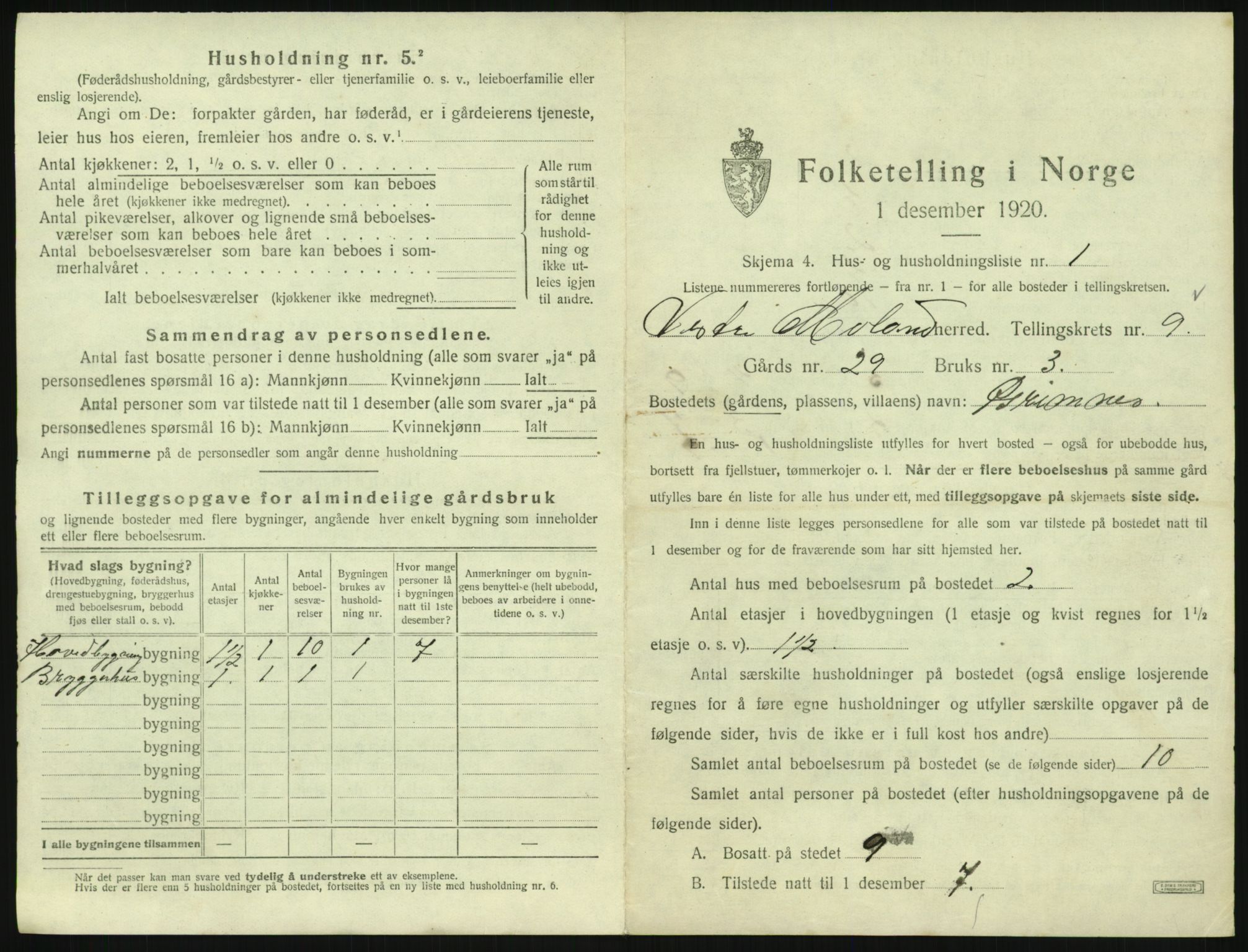 SAK, 1920 census for Vestre Moland, 1920, p. 1029