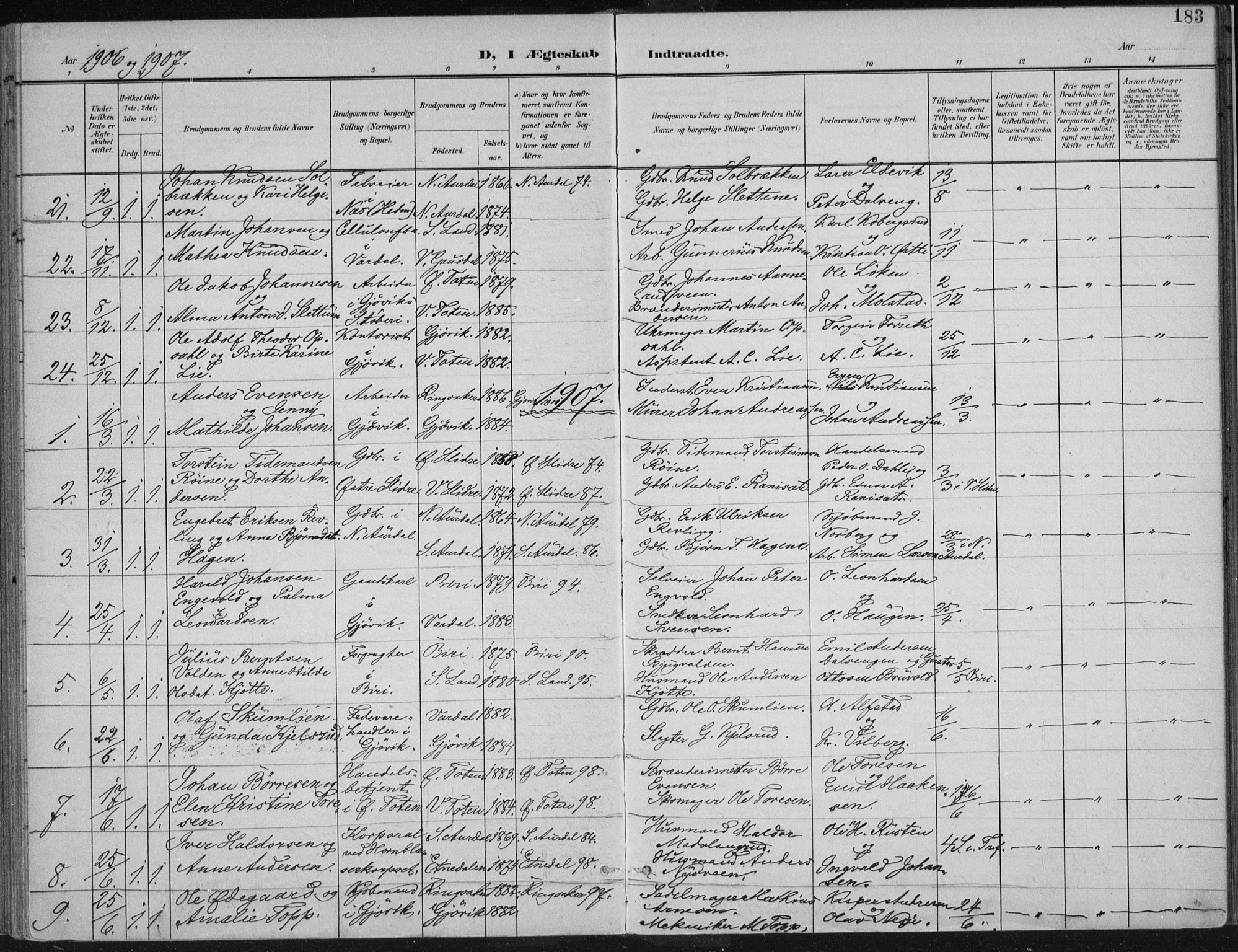 Vardal prestekontor, SAH/PREST-100/H/Ha/Haa/L0013: Parish register (official) no. 13, 1901-1911, p. 183